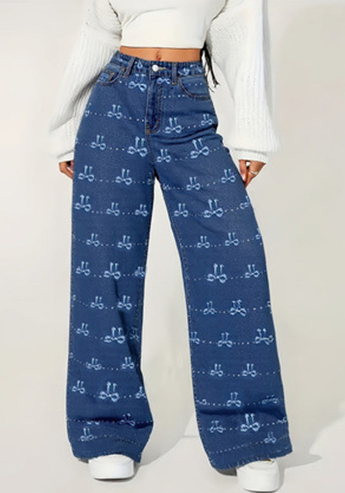 Women Stretch Butterfly Print Denim Wide-Leg Pants