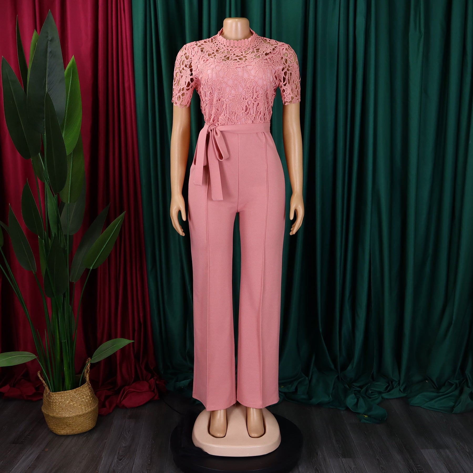 Women's Sexy Lace Hollow Short Sleeve Belt High Waist Wide Leg Jumpsuit 11