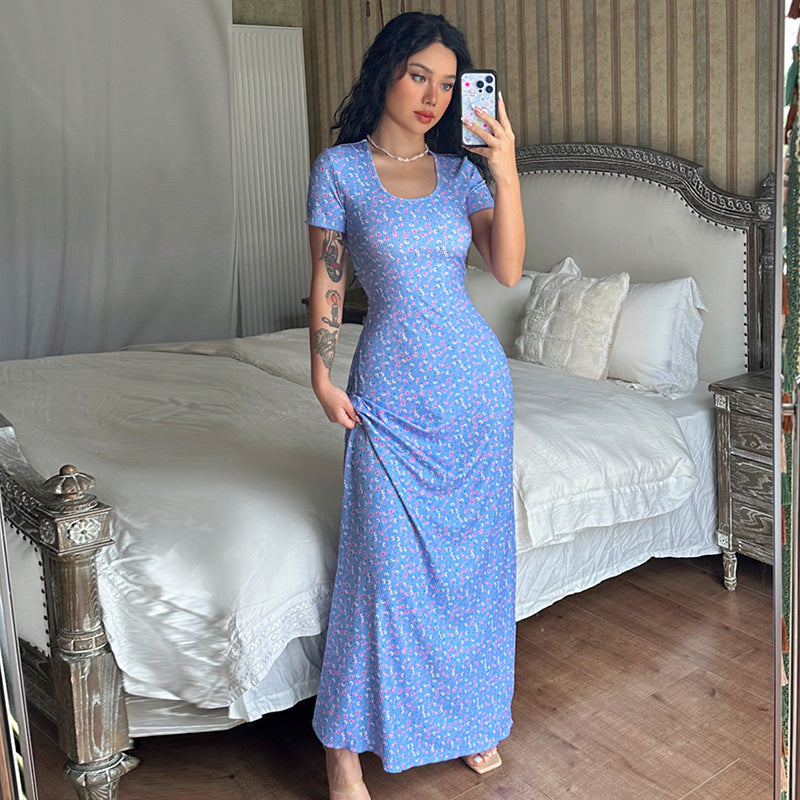 Women Summer Printed U-neck Lace-Up Short Sleeve Dress 4