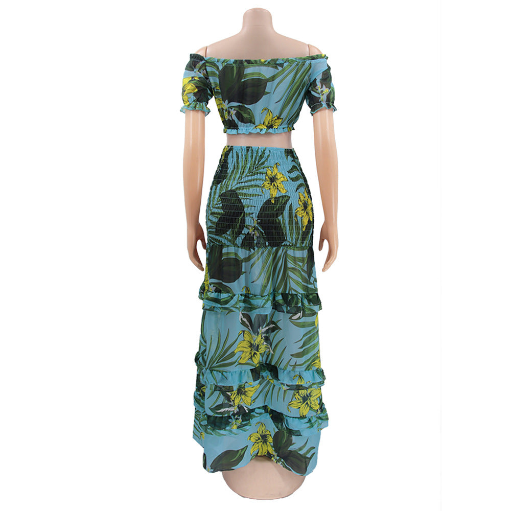 Printed Short Sleeve Sexy Slim Fit Women's Casual Two Piece Skirt Set 14