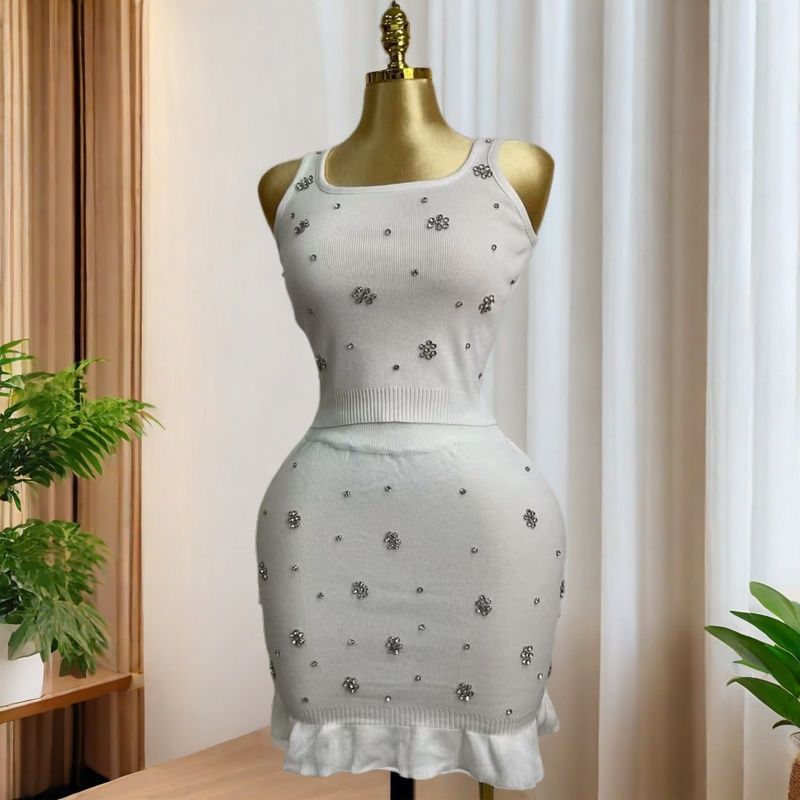 Autumn Elegant White Beaded Knit Tank Top + Mini Skirt Set