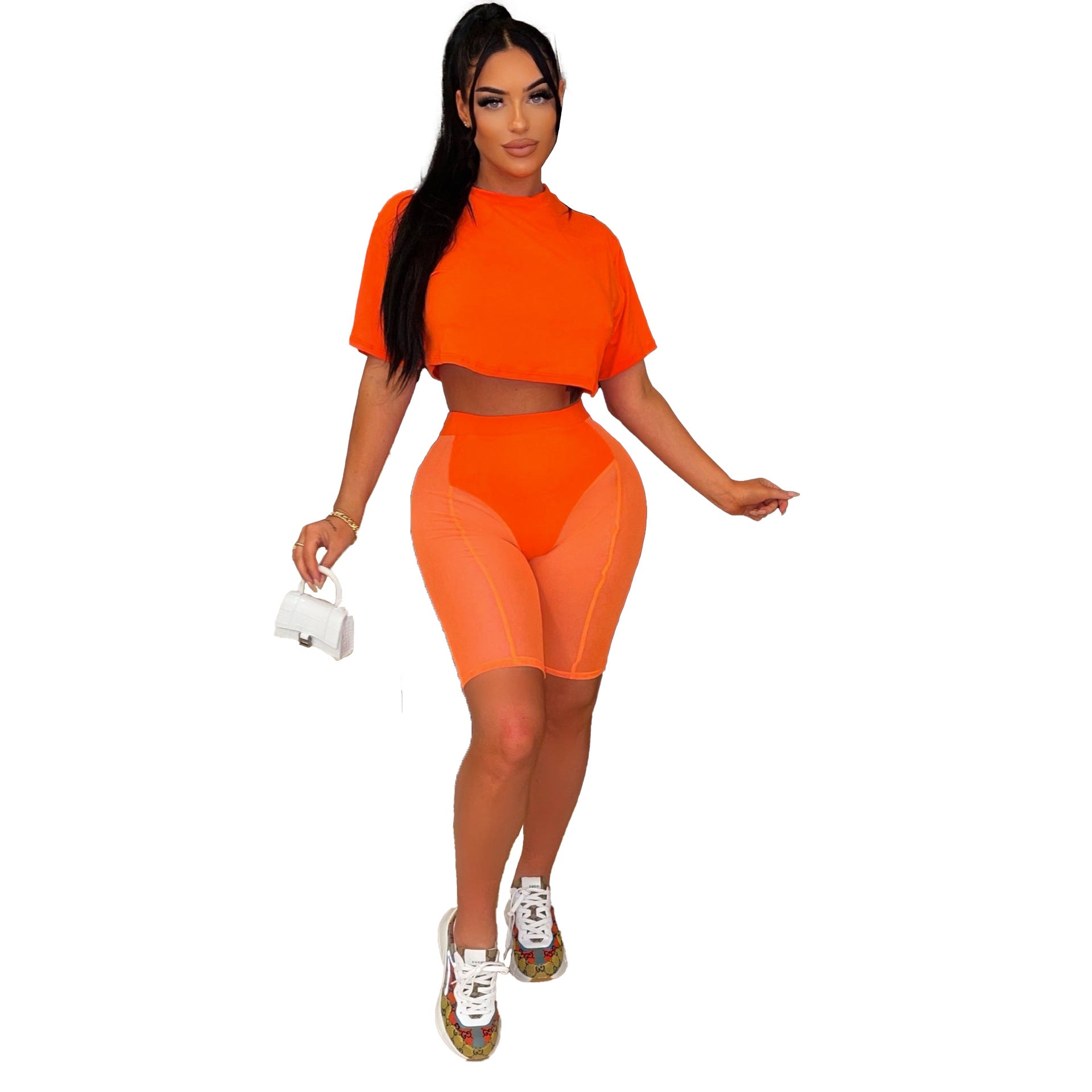 Women Summer Fashion Mesh Solid Top + Shorts Two-Piece Set 8