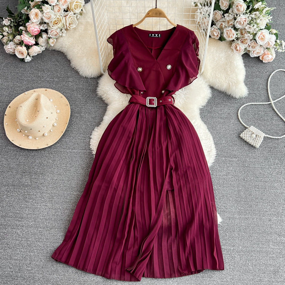Women Contrast Color Flying Sleeve Collar Slit Pleated Dress 16