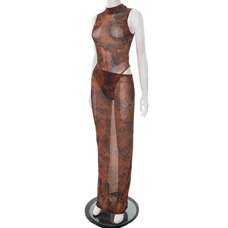 Women's Leopard Print Mesh High-Neck Sleeveless Bodysuit with Diagonal Waist Skirt Set 7