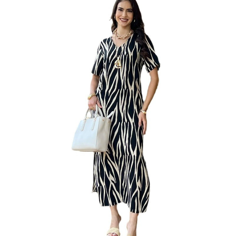 Women Elegant Printed Short Sleeve V-Neck Slit Dress 6