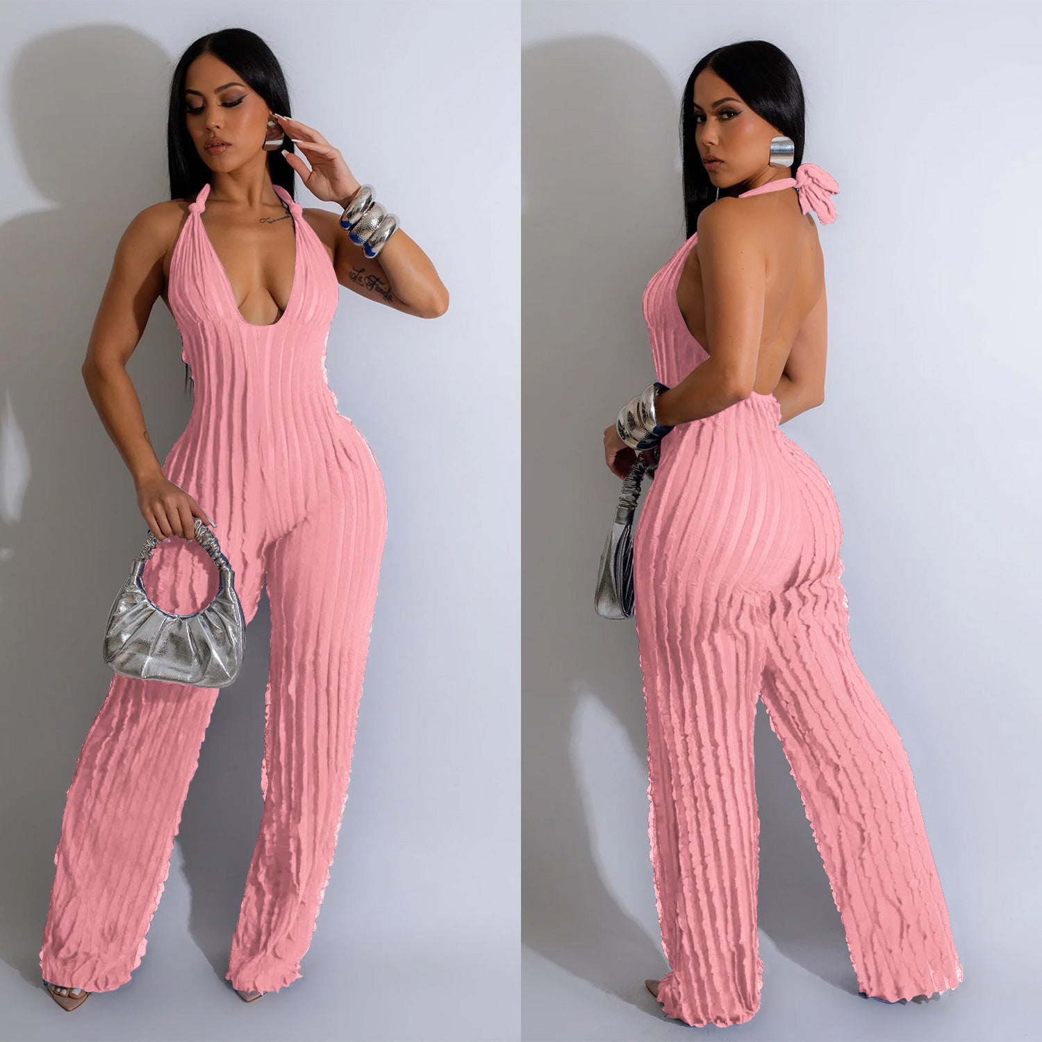 Fashion Women's Solid Color Low Back Deep V Halter Neck Jumpsuit 5