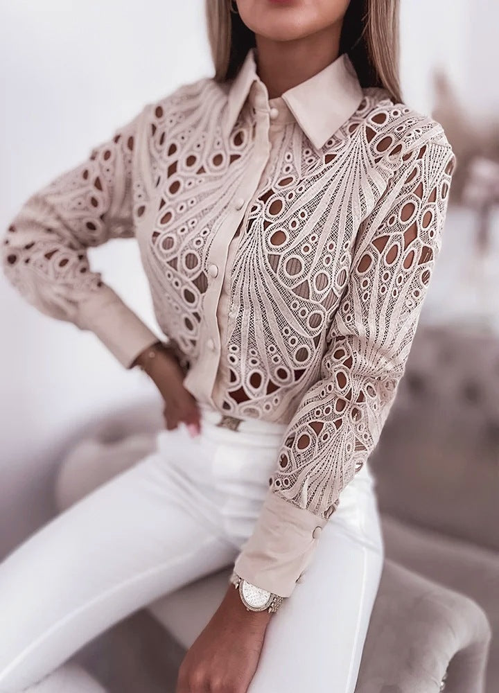 Spring Autumn Career Women Fashion Lace Hollow Long-Sleeved Shirt 4