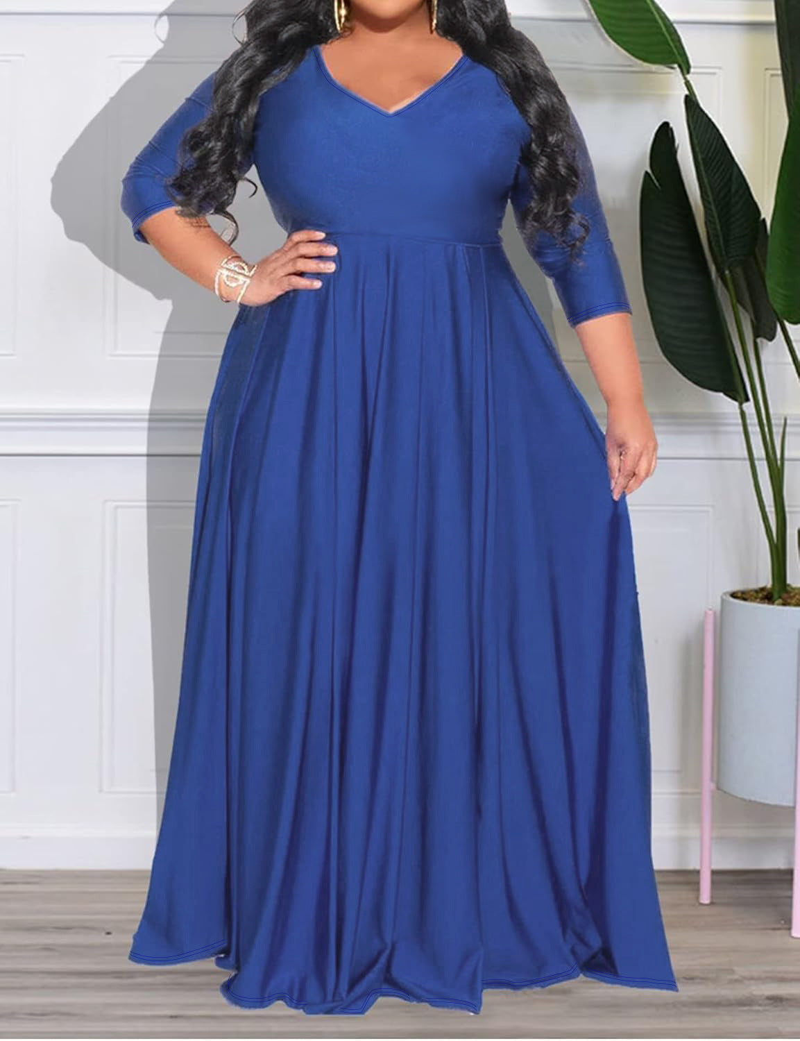 Plus Size Women Long Sleeve V-Neck Frill Dress 3