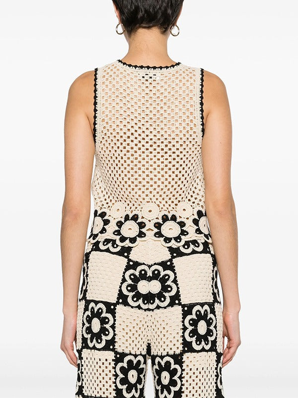 Women Spring Summer Crochet Hollow Flower Round Neck Sleeveless Knitting Top and Square Wide Leg Pants Two-piece Set 5