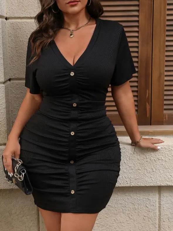 Plus Size Women Sexy V-Neck Knitting Ribbed Dress 4