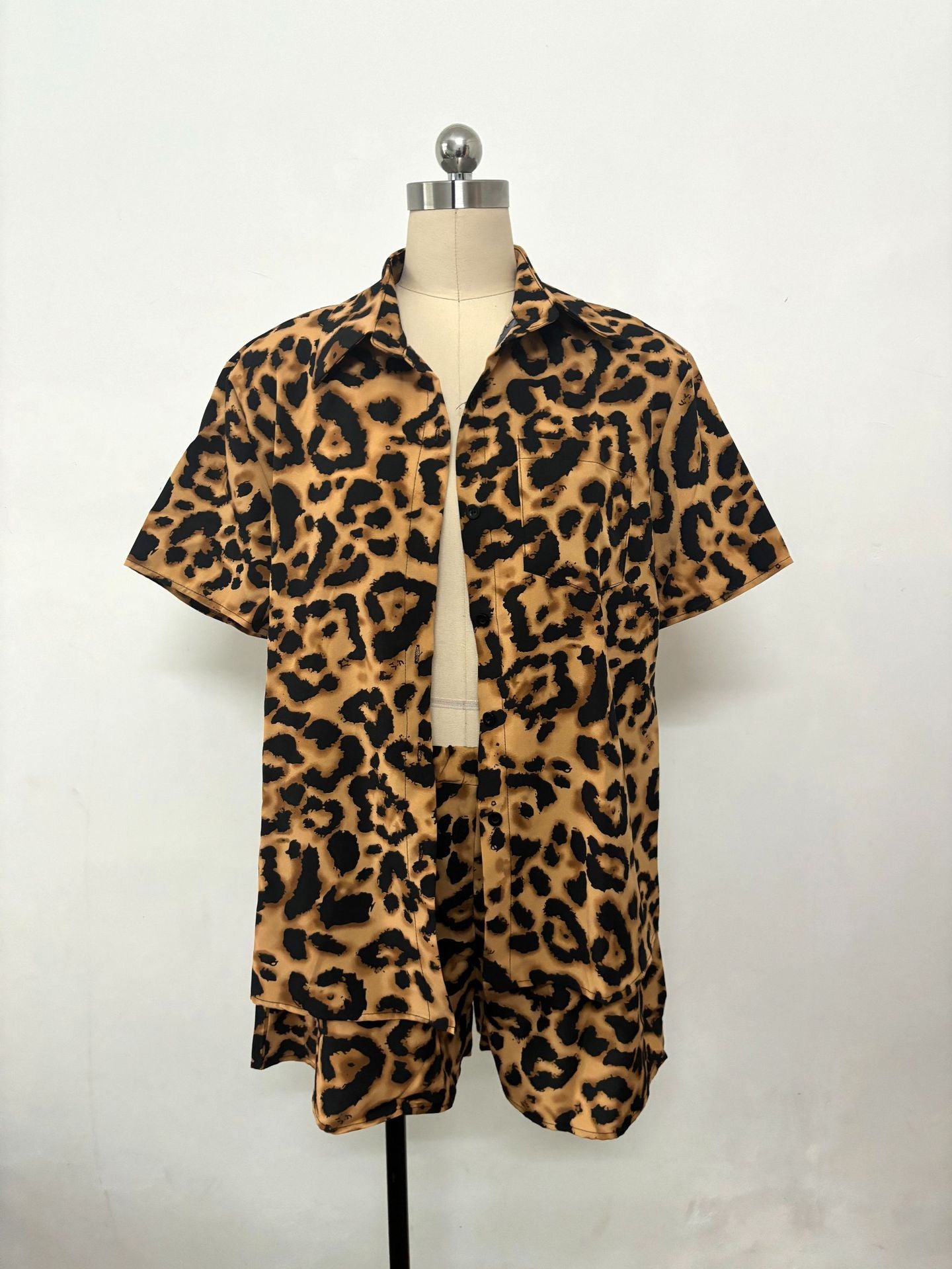 Women Leopard Print Short Sleeve Shirt Shorts Summer Two-Piece Set 6