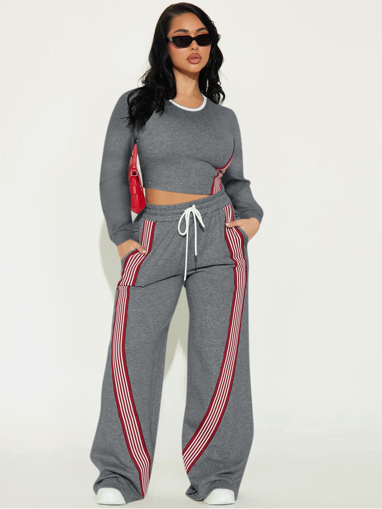 Women's Fashion Casual Long Sleeve Top & Side Striped Sporty Pants Two-Piece Set 5