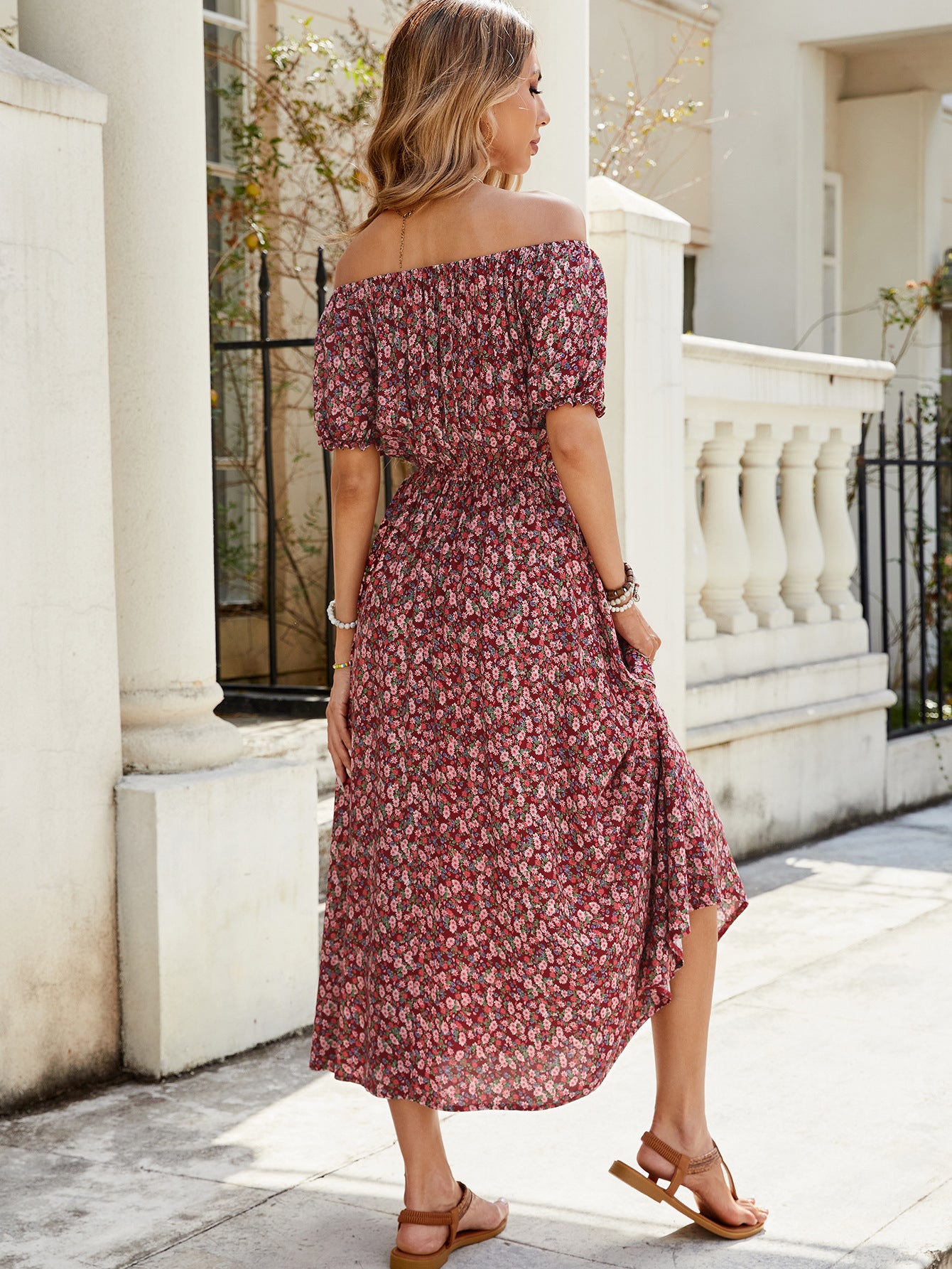 Women Floral Off Shoulder Short Sleeve Dress 5