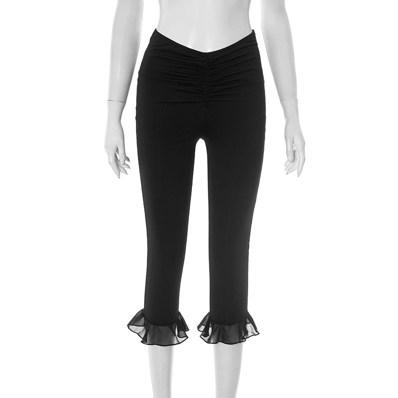 Women's Spring and Summer Ruffled V Waist Solid Color Elastic 7-point Casual Pants 37