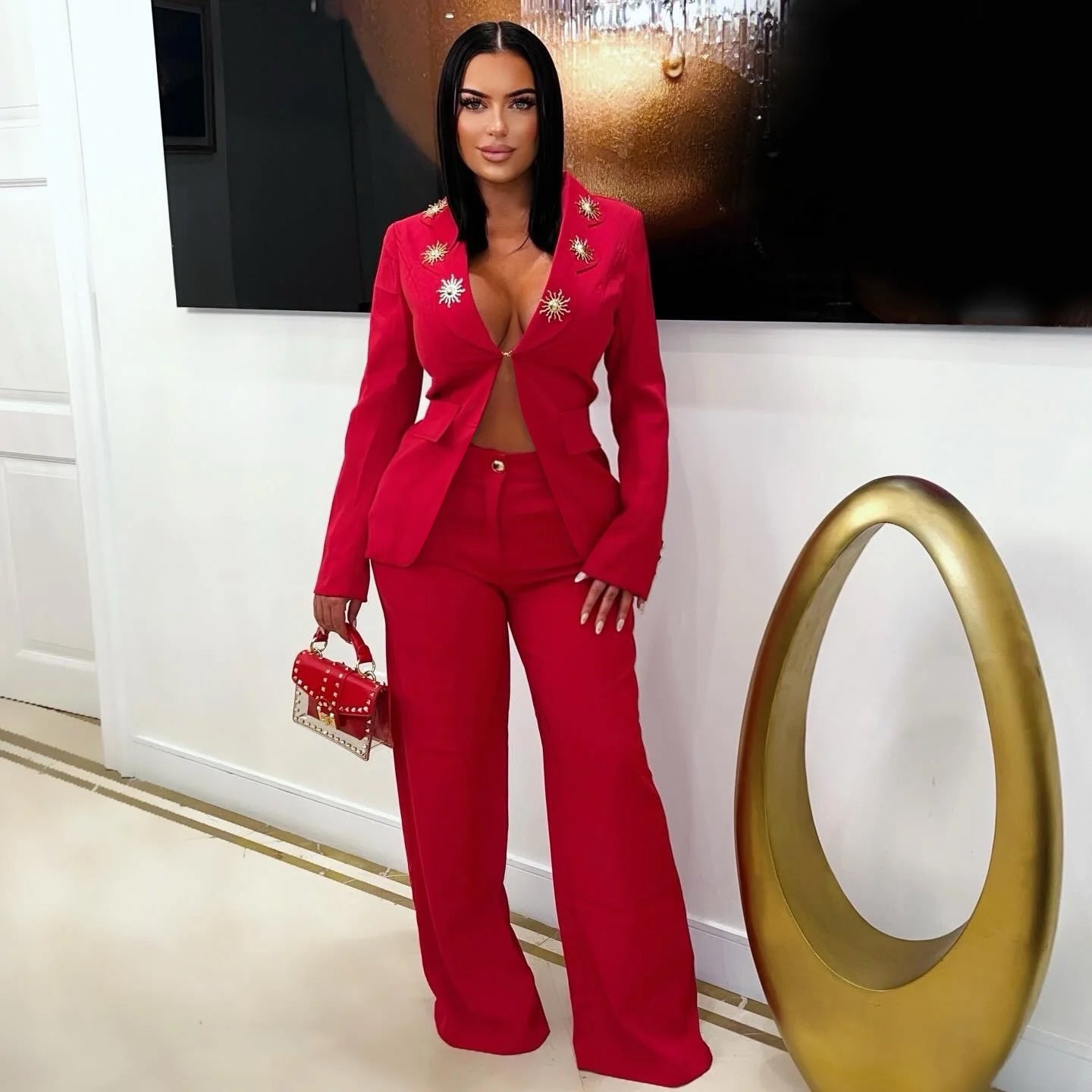 Women elegant contrast color turndown collar casual blazer and pant two-piece set 4