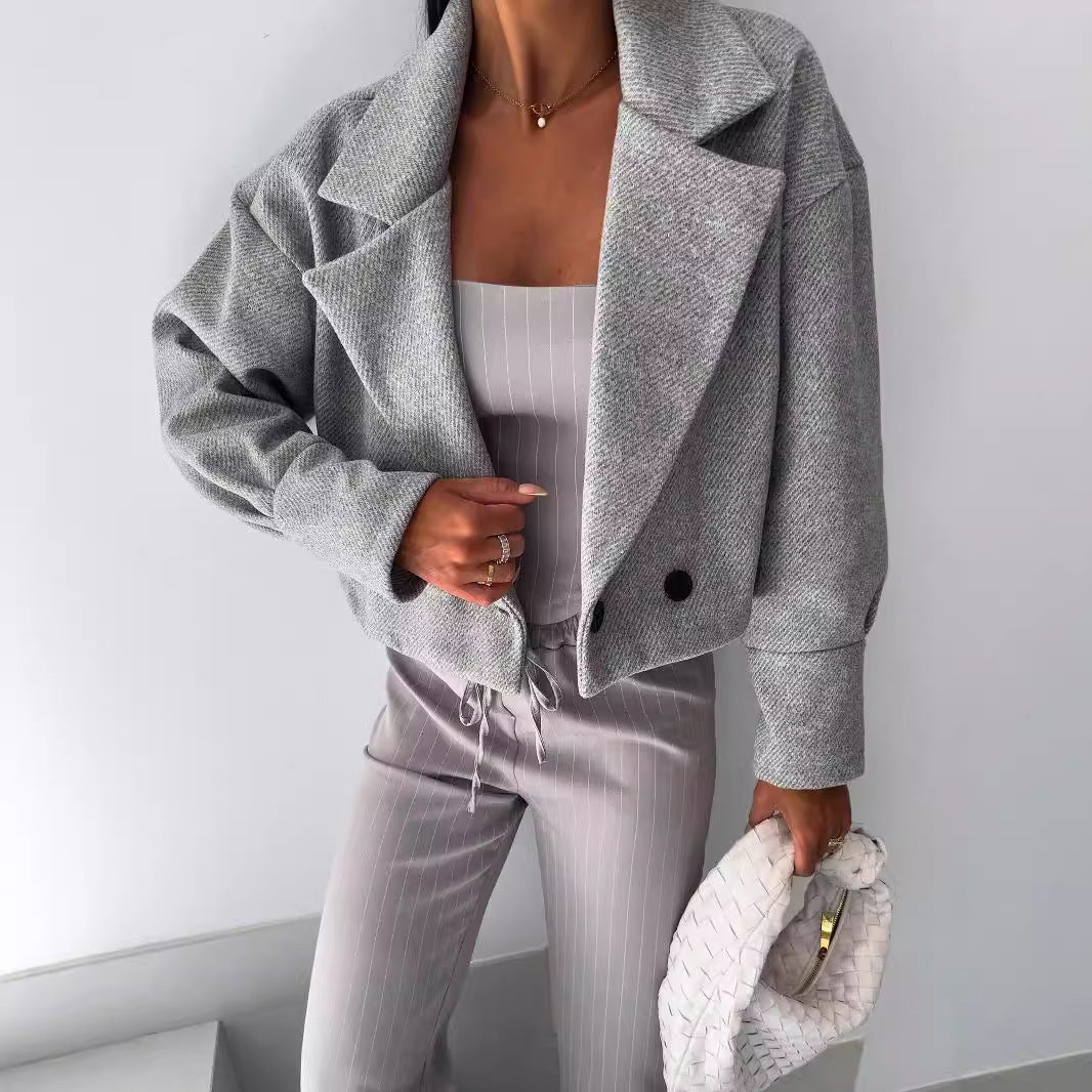 Women Turndown Collar Solid Crop Jacket 6