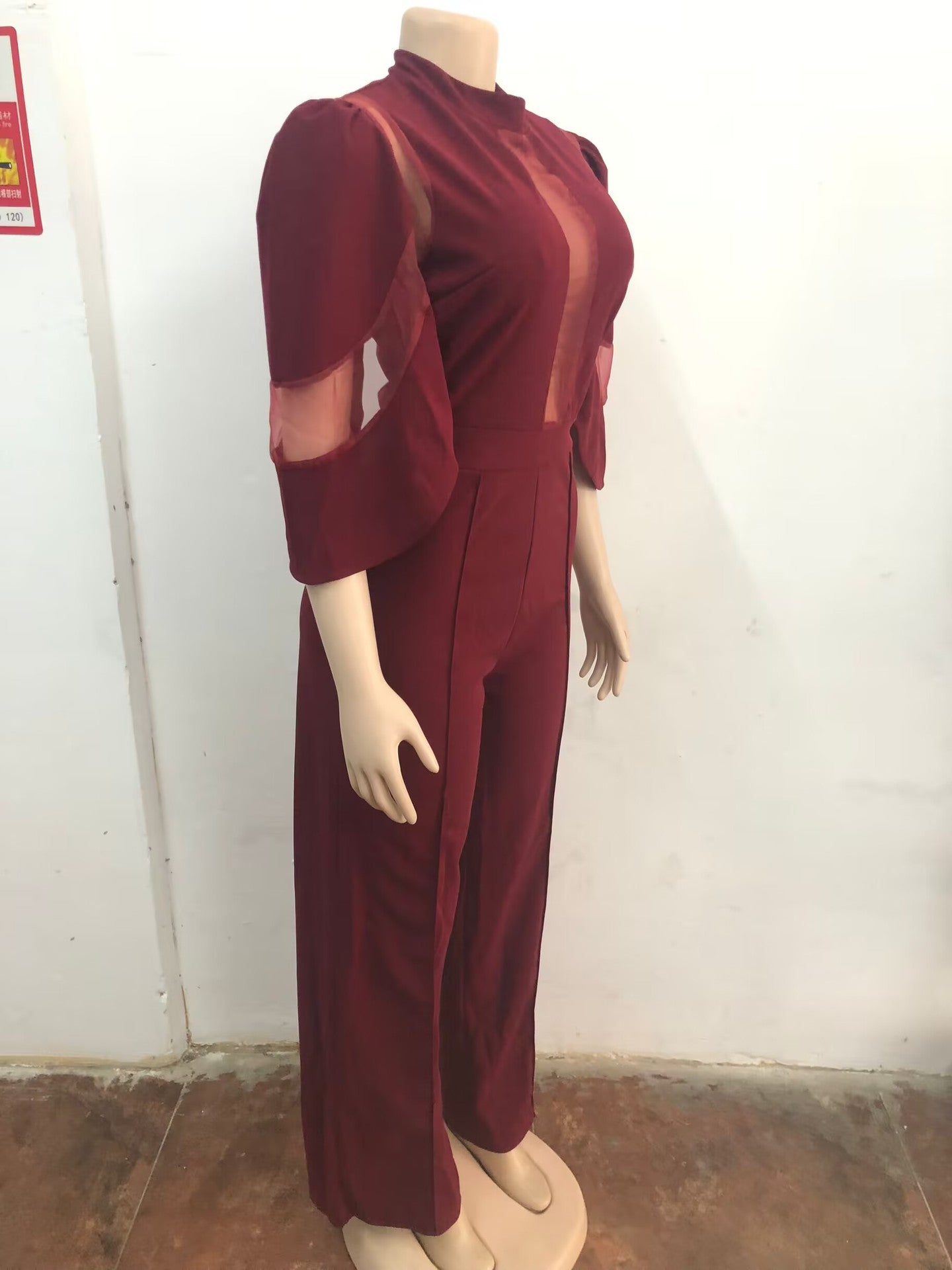 Women Elegant Mesh Patchwork Lace-Up Wide-Leg Jumpsuit 10