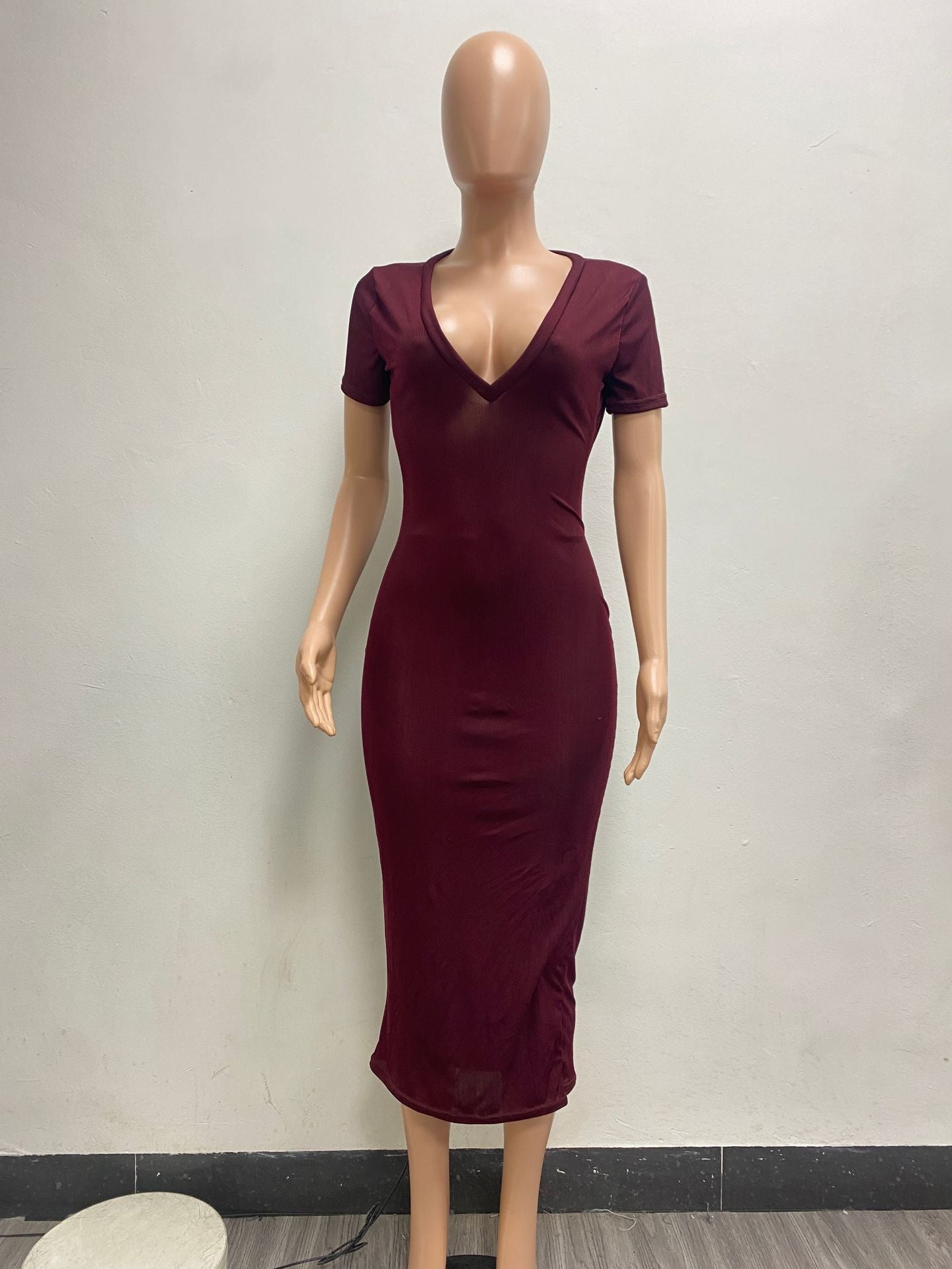 Fashion Solid Color Casual Fashion Sexy Deep V Ribbed Dress 15