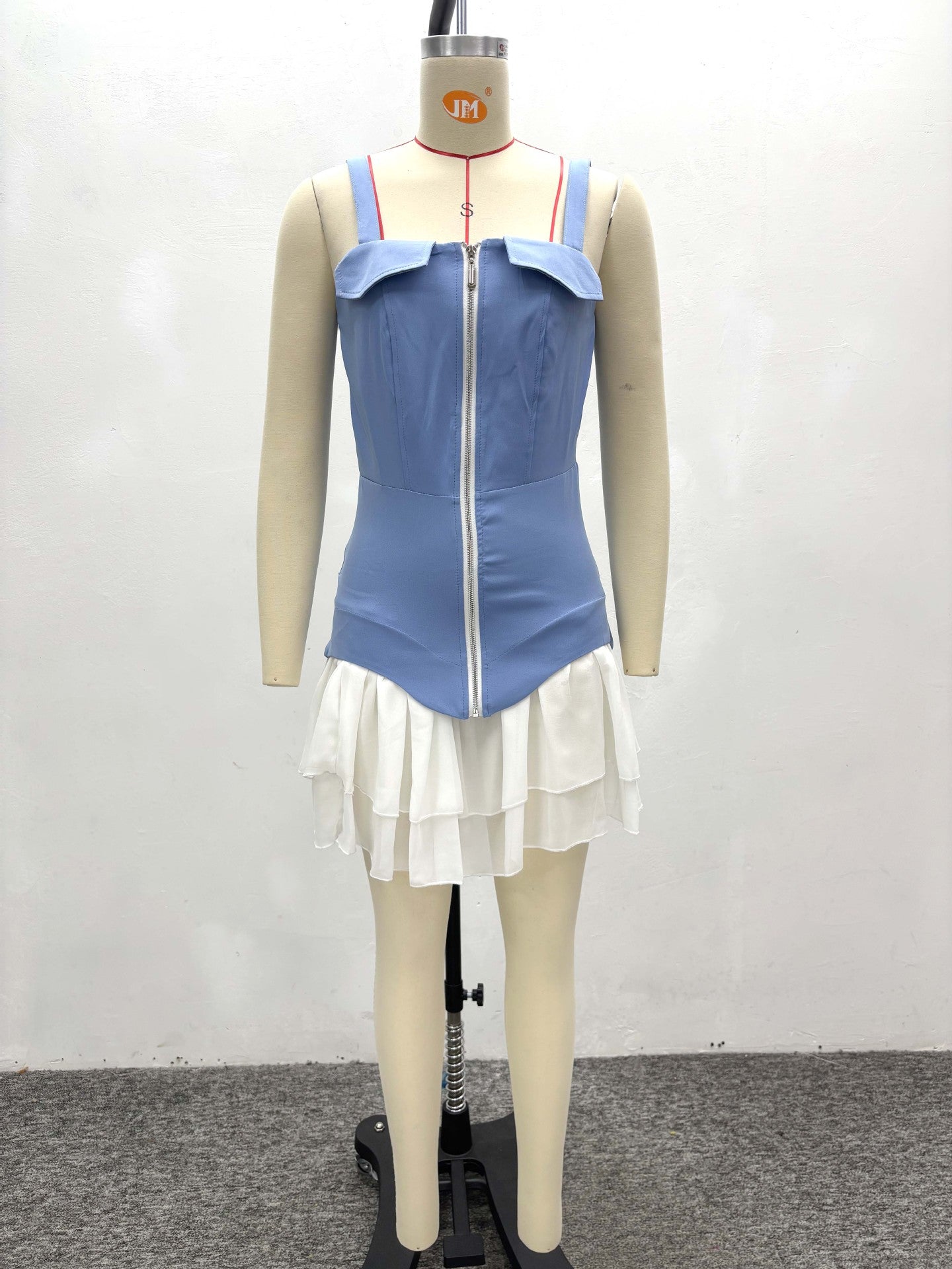 Summer Sexy Zipper Strap Women's Patchwork Pleated Short Dress 6