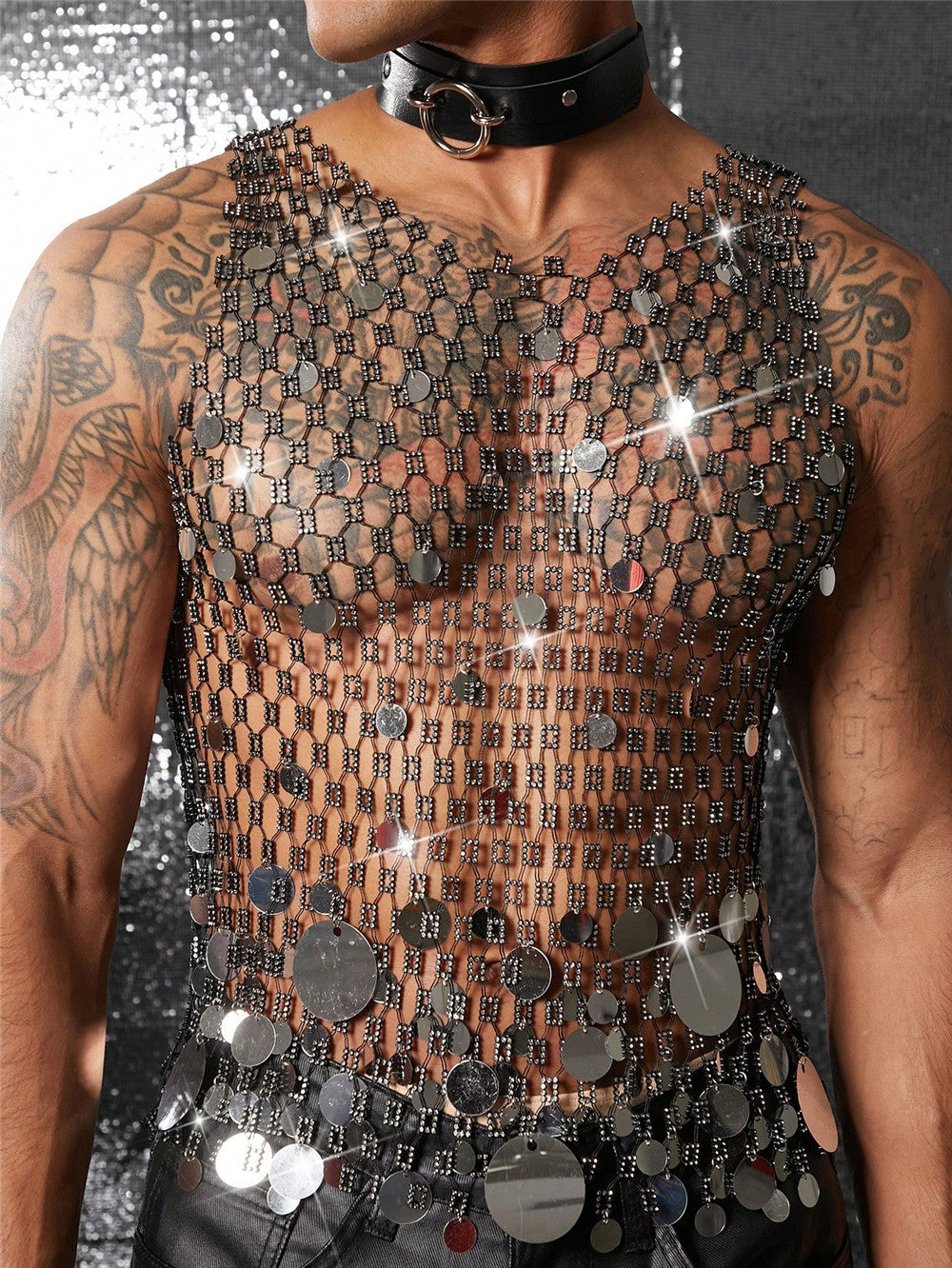 Men Diamond-Encrusted Hollow Sequin Mesh Sexy Nightclub Party Sleeveless Top 3