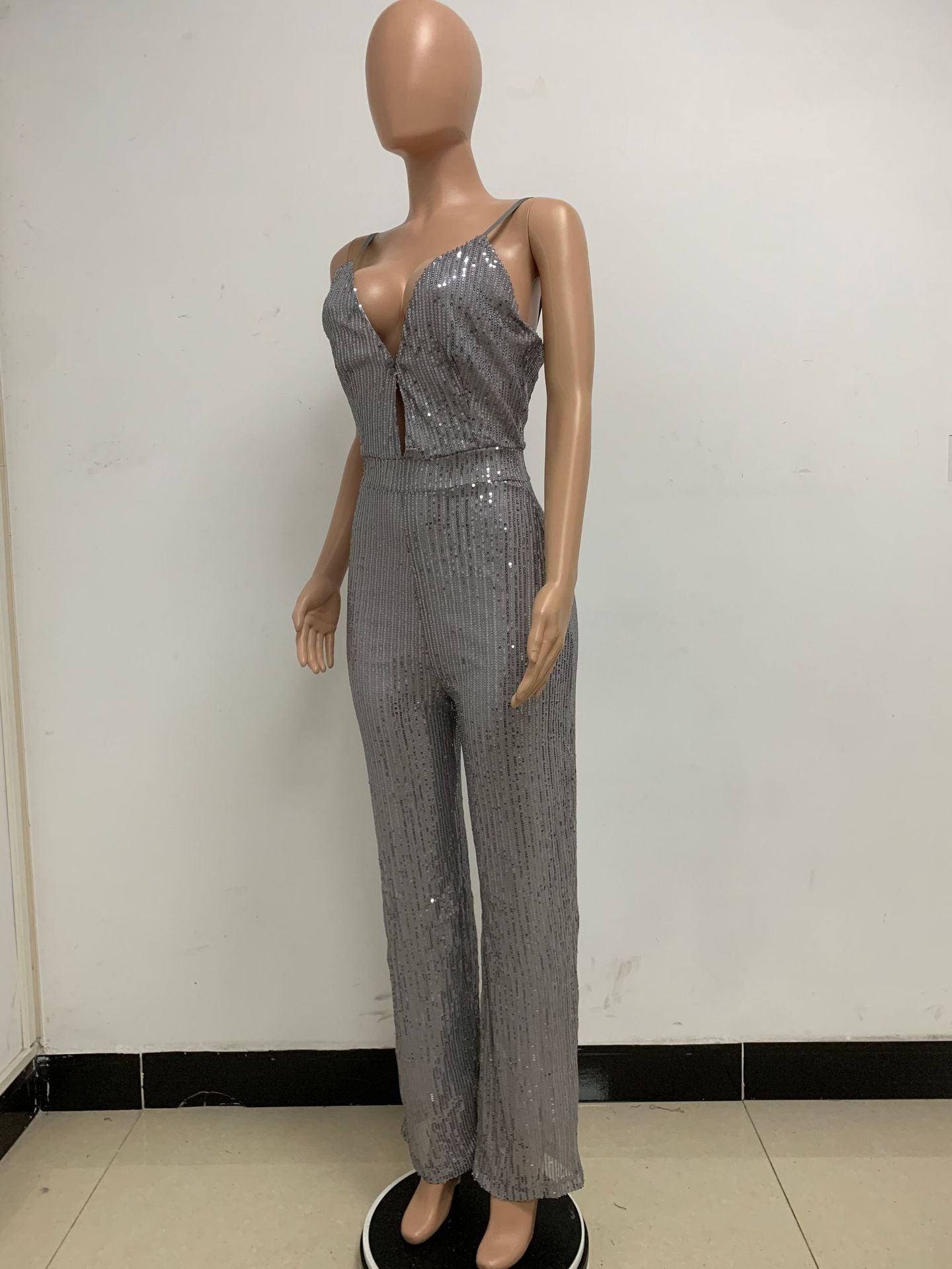 Deep V Neck Low Back Sleeveless Chic Sequined Straps Elegant Women's Party Jumpsuit 125