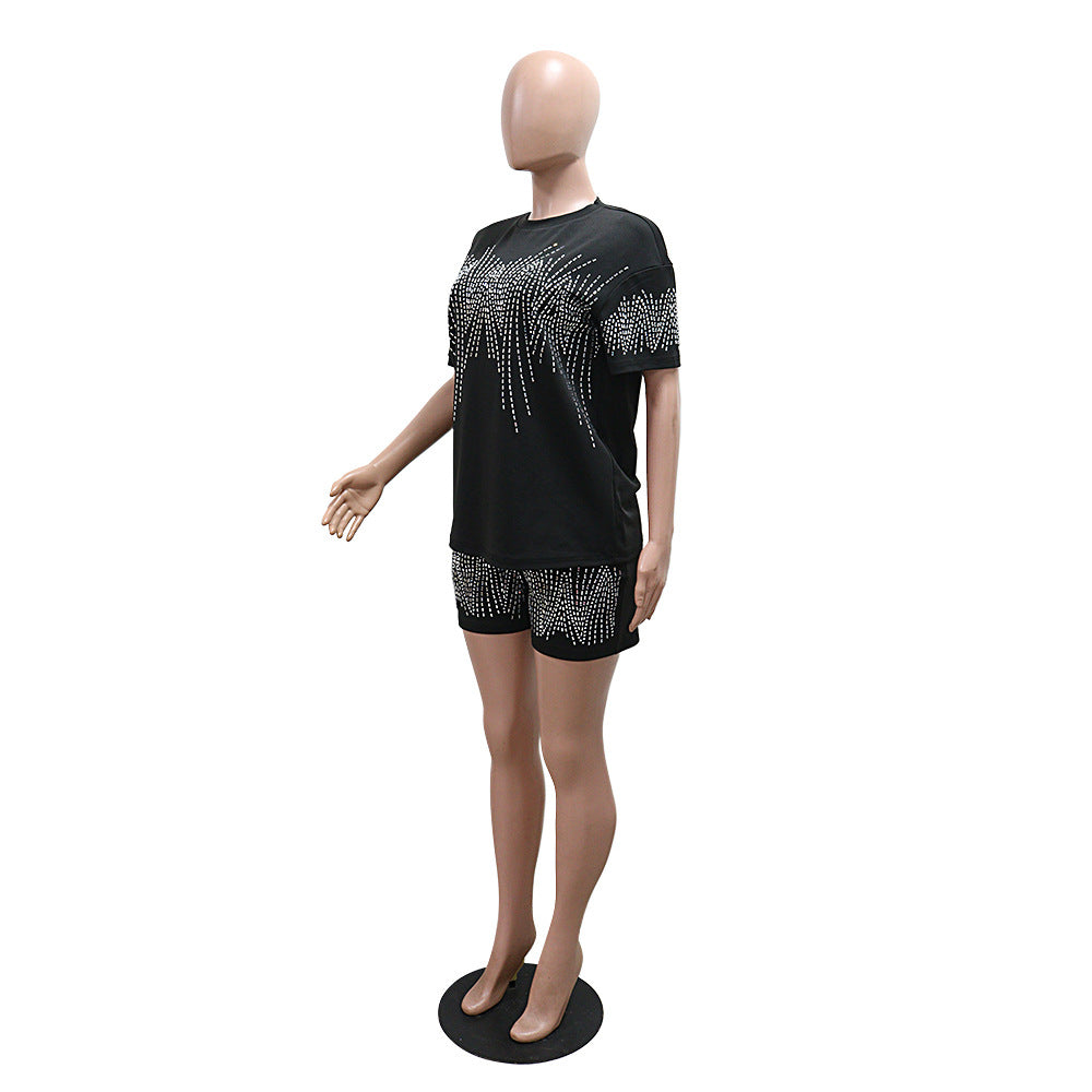 Women Casual Beaded Round Neck Short Sleeve Top and Shorts Two-Piece Set 4