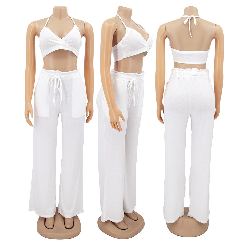 Women Bow Suspender Top and Pant French Summer Two-piece Set 12