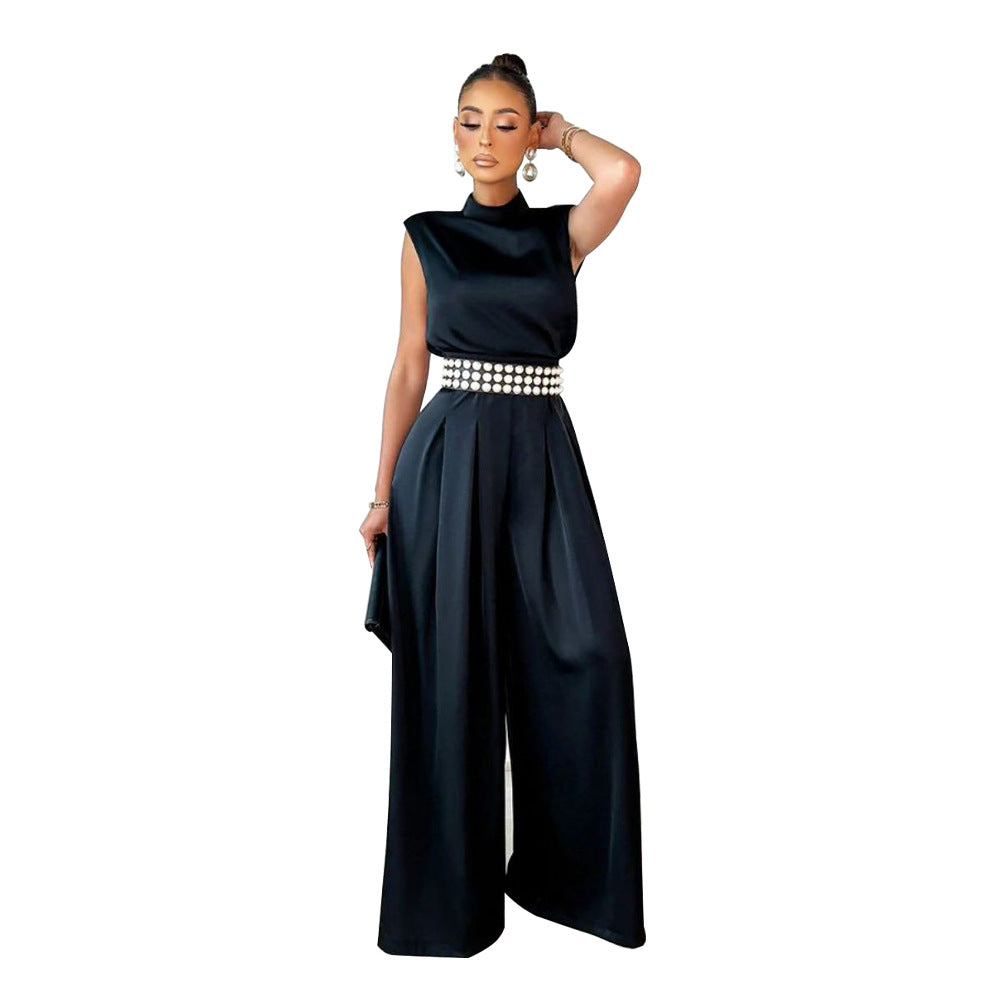 Women's Fashion Wide Leg Pants Solid Color Turtleneck Sleeveless Slim Waist Jumpsuit