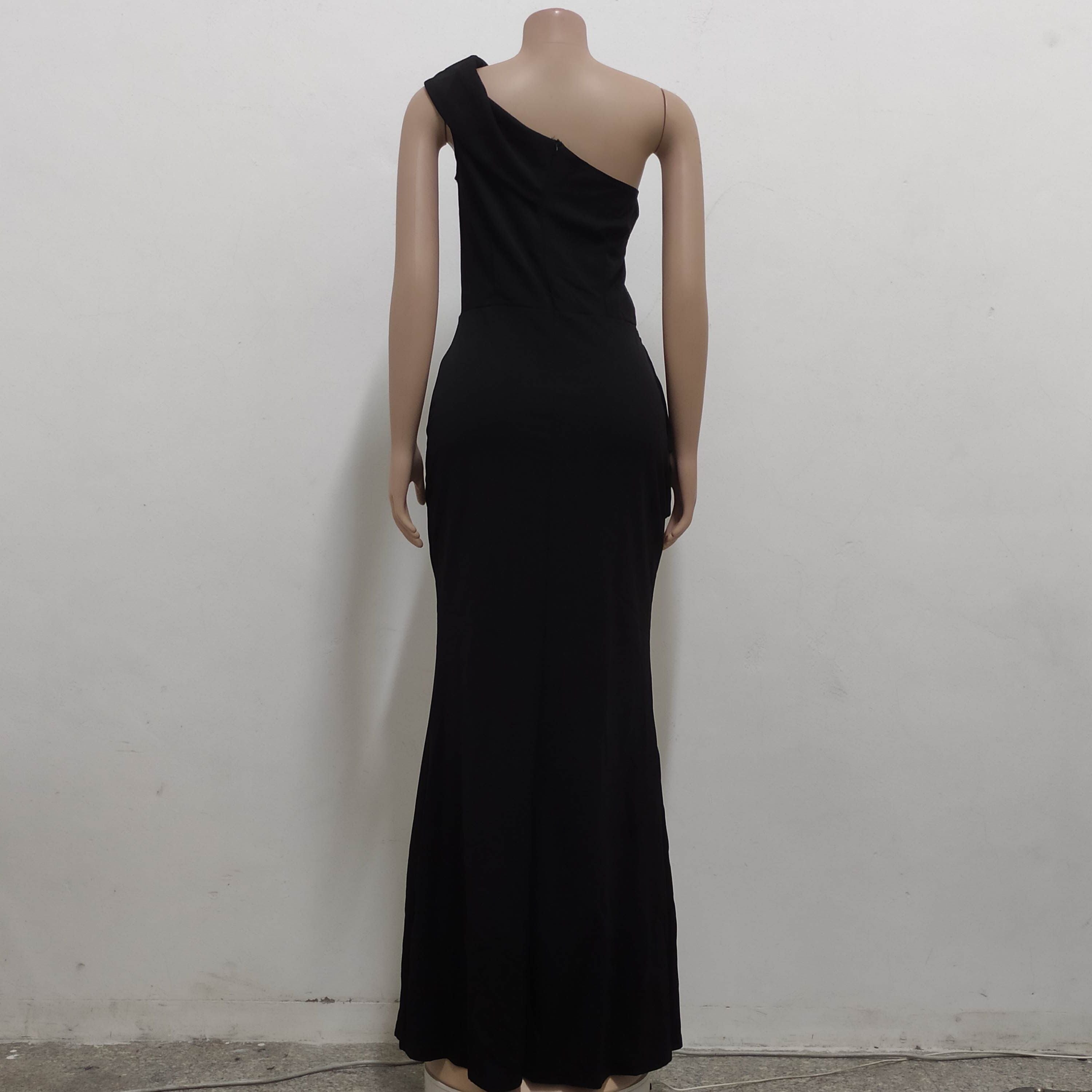 Women Sexy Solid One Shoulder Diagonal Irregular Dress 11