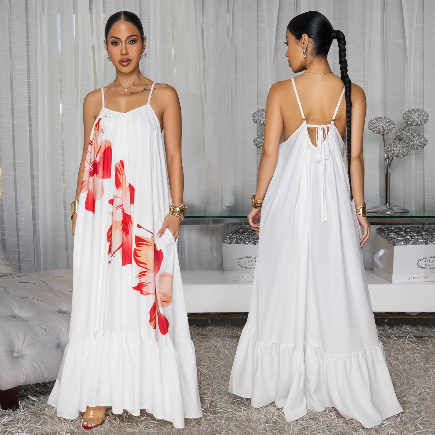 Fashion Women's Sexy Strappy Floral Print Low Back Maxi Dress