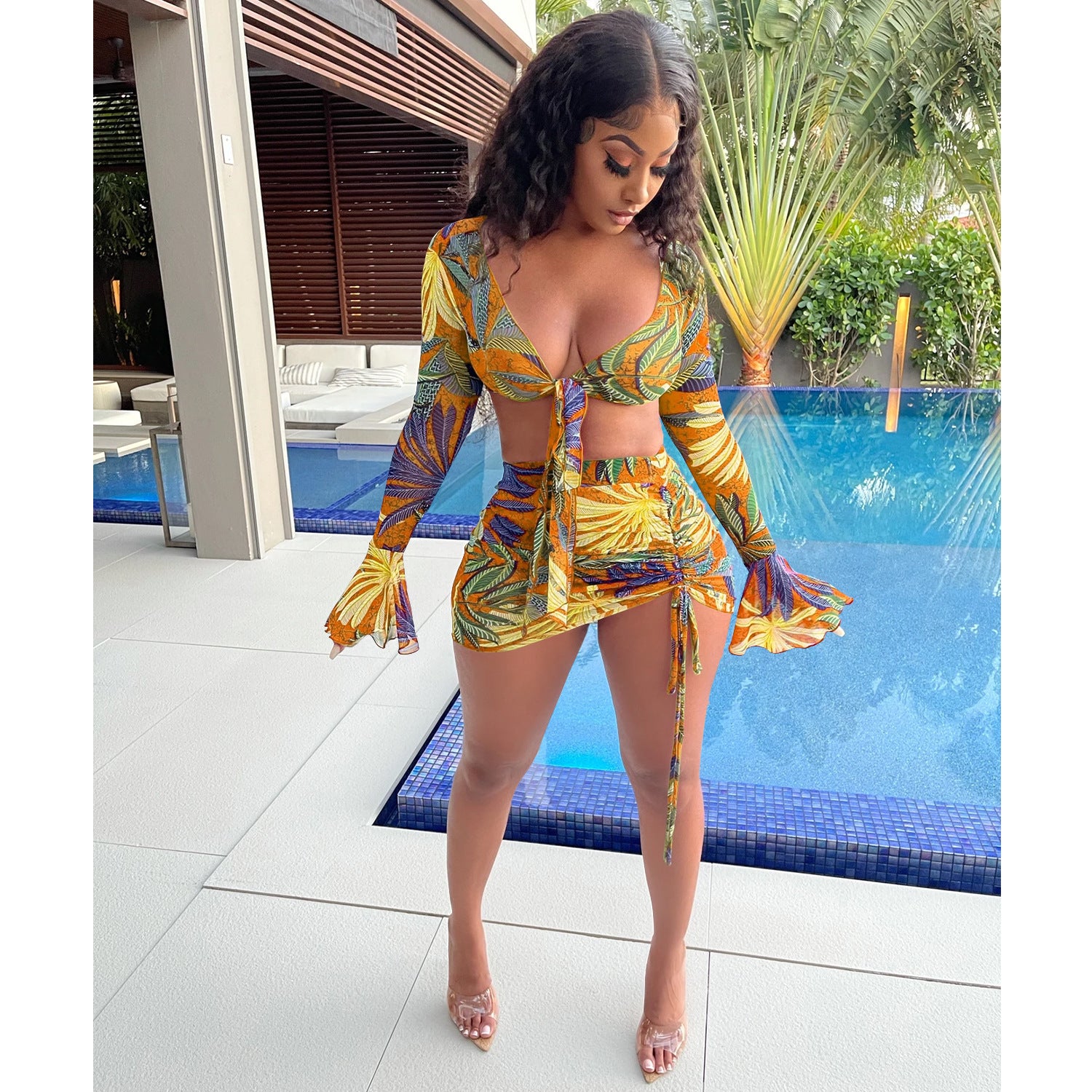 Women Printed V-Neck Lace-Up Long-Sleeved Top and Drawstring Skirt Two-Piece Set 6