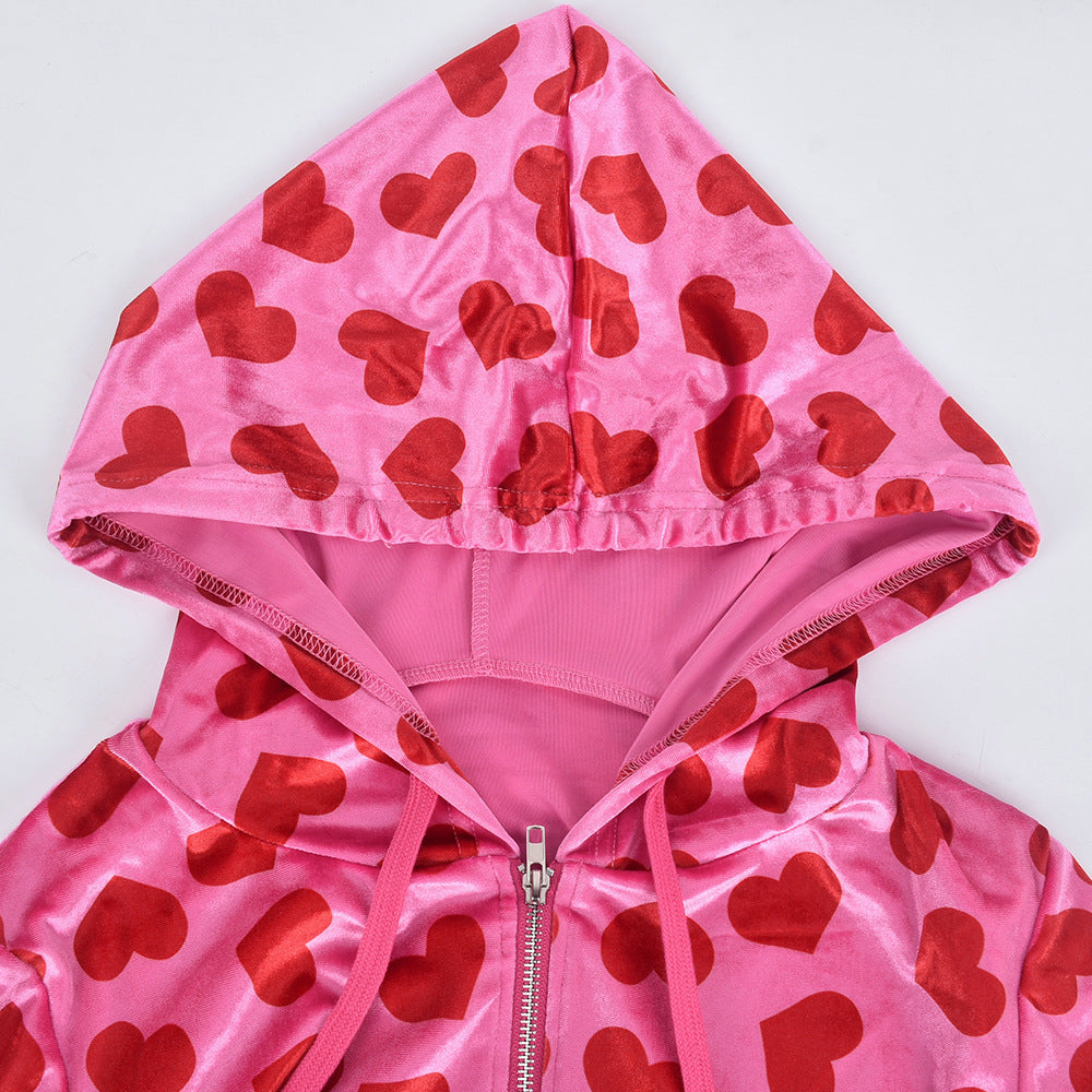 Women Sexy Hooded Printed Zipper Crop Top and Pants Two-piece Set 17