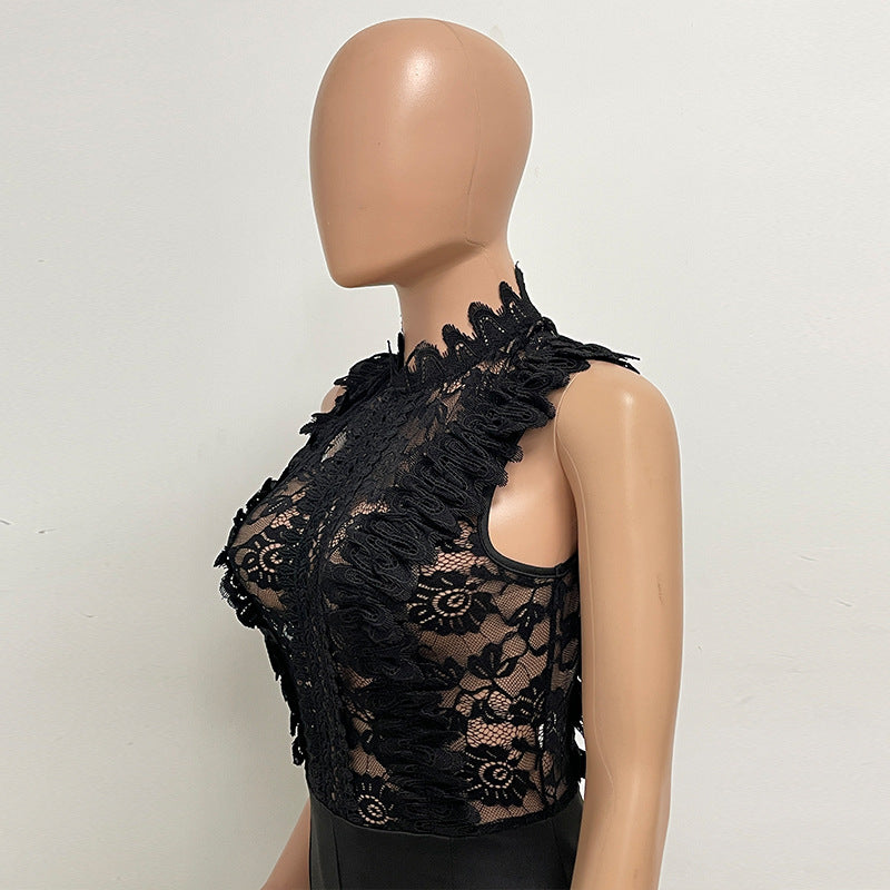 Women's High Neck Fashion Sleeveless Lace Patchwork Straight Leg Women's Jumpsuit 16