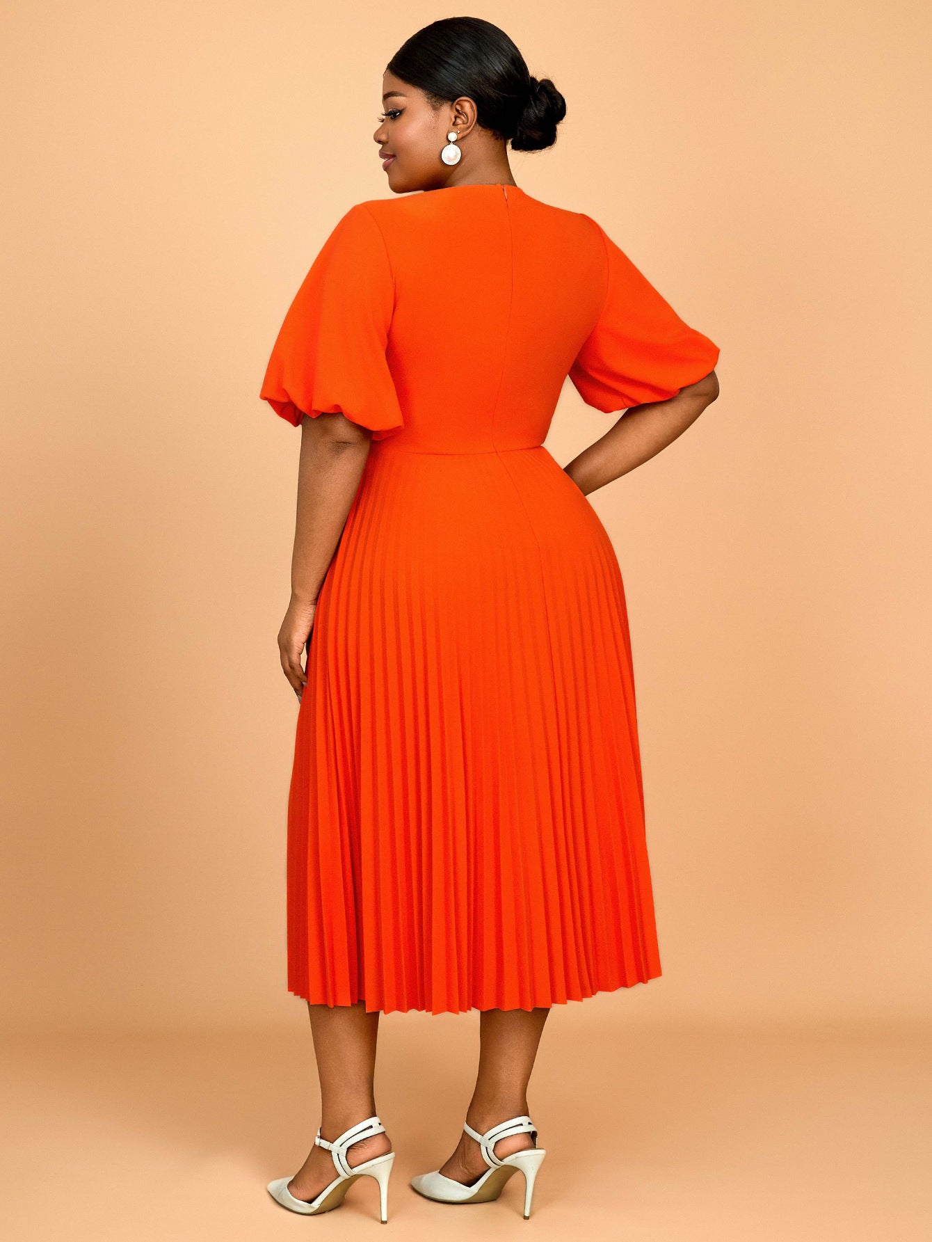 Bright Orange Puff-Sleeve Dress Fashionable Solid Color Party & Career Pleated Dress 3