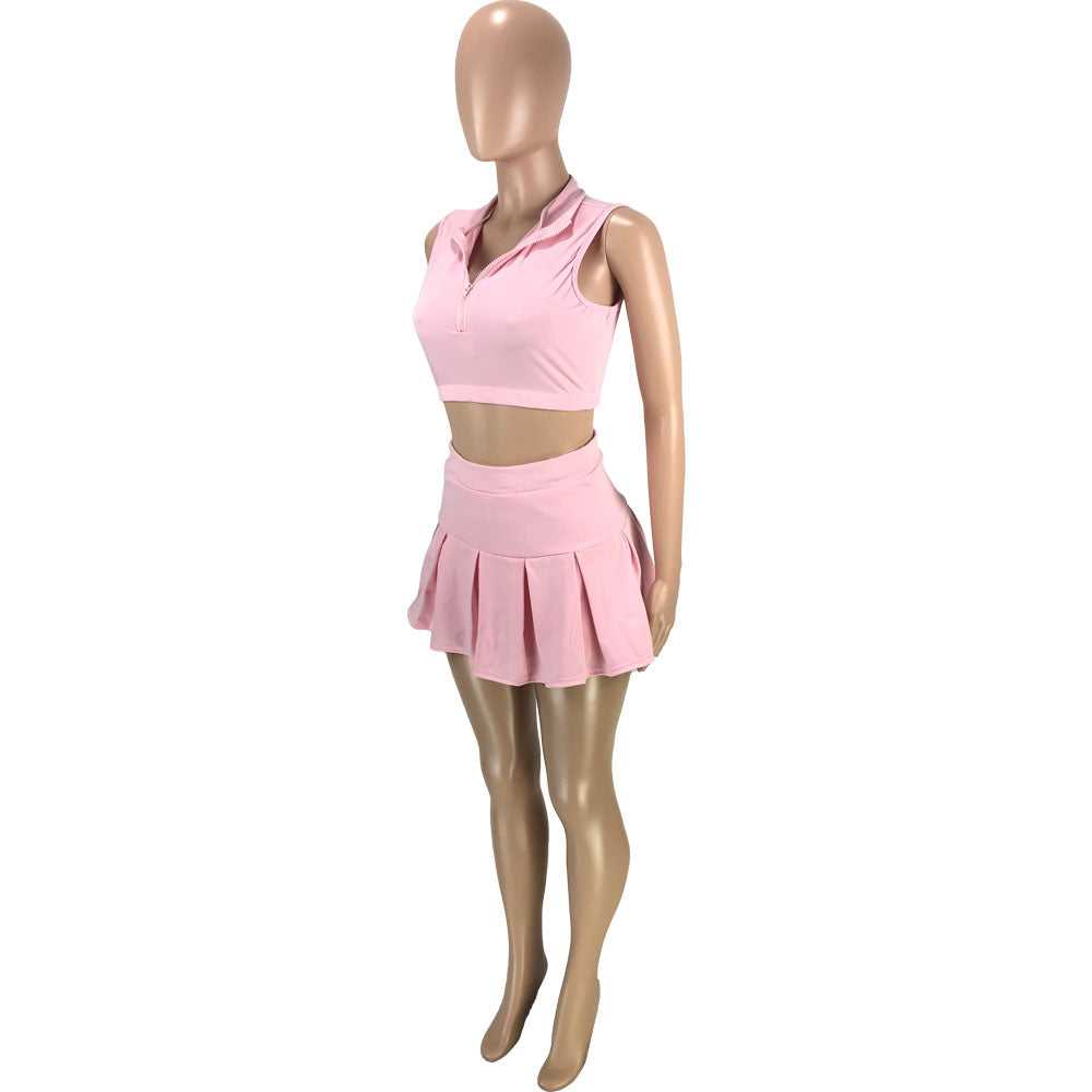 Solid Vest Pleated Skirt Sexy Casual Set 23