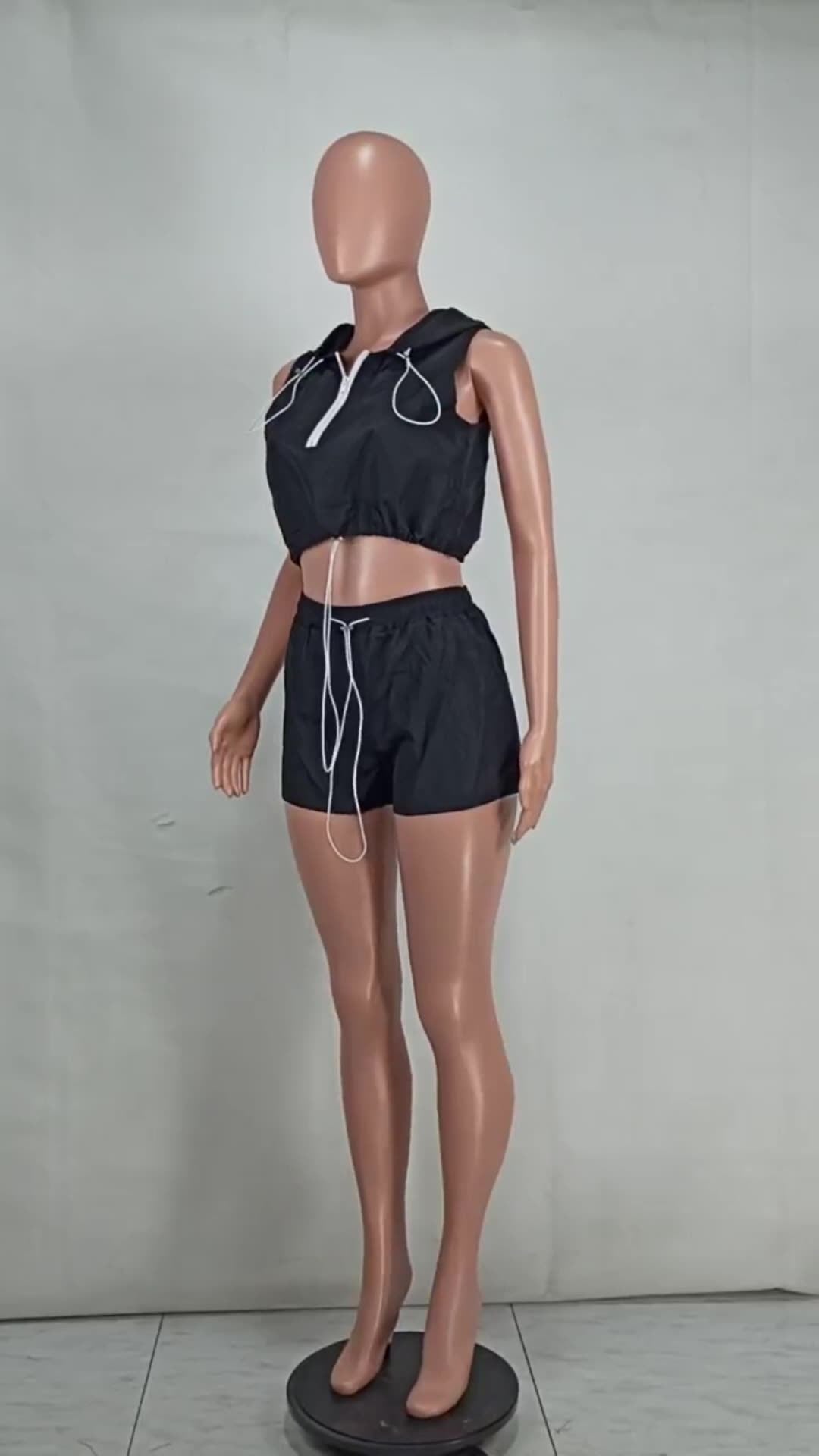 Women'S Fashion Casual Half Zip Hooded Sleeveless Two-Piece Shorts Set Women'S Clothing 18