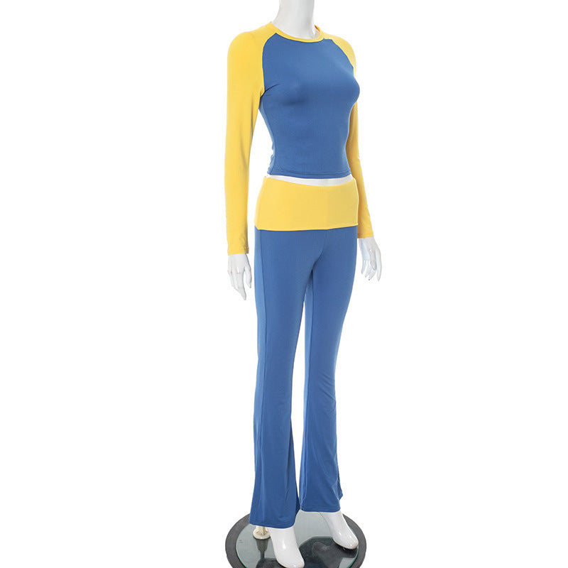 Women Contrast Raglan Long Sleeve Top and Folded Flared Trousers Two-Piece Set 16