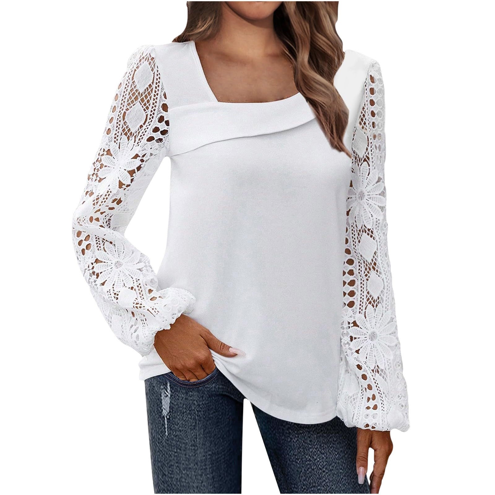 Women's Spring And Autumn Fashionable Elegant Lace Patchwork Knitting Shirt Top 9