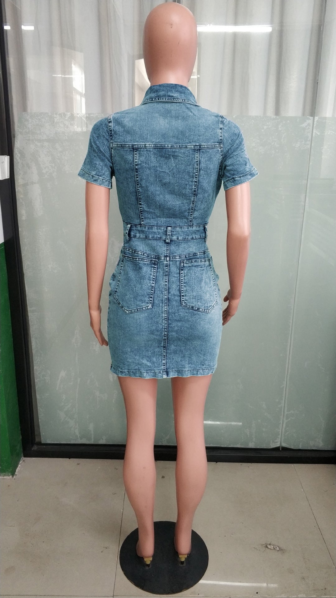 Women Elastic Sexy Button Denim Bodycon Dress 4