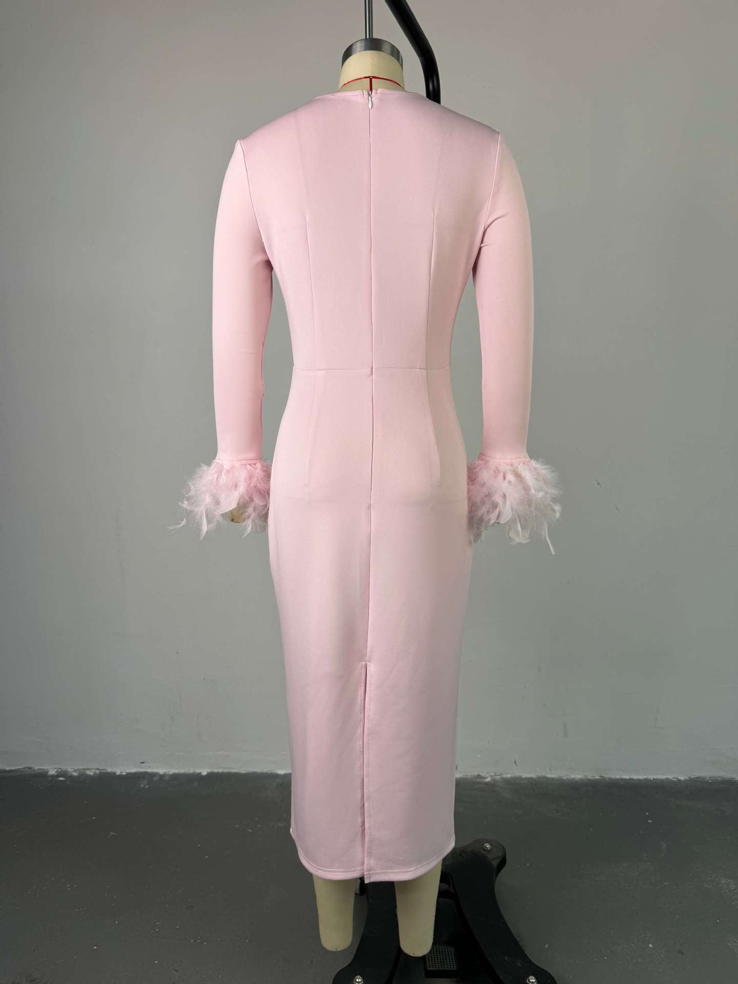 Women's autumn square neck feather long sleeve  high waist Slim midi dress 7