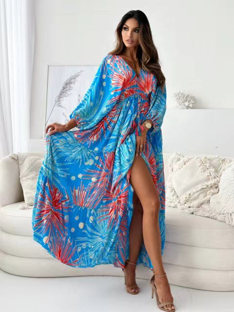 Women Autumn Long Sleeve Sexy V Neck Print Slit Dress 6