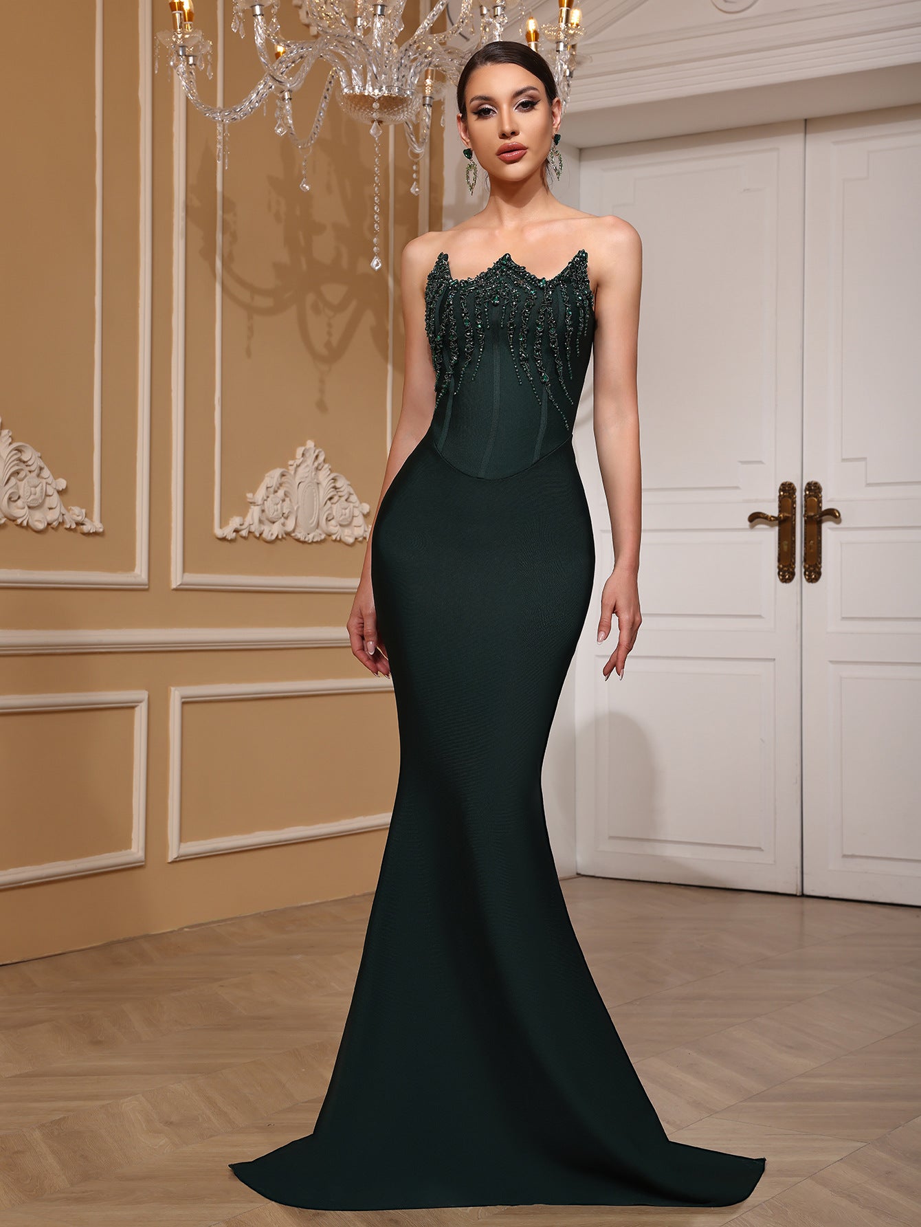 Women Strapless Lace-Up Diamond Fishtail Evening Dress 7