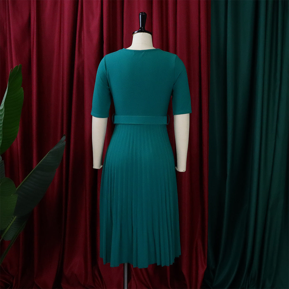 Women's Summer Fashion Round Neck Short Sleeve Solid Color Pleated Elegant Plus Size African Dress 9