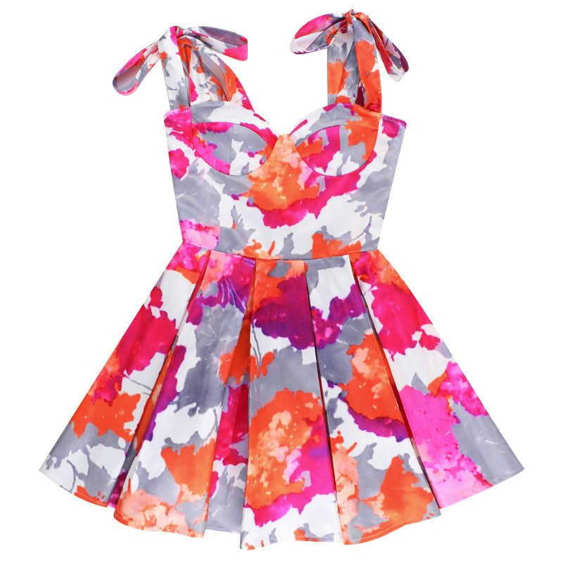 Chic Slim Waist Printed A-Line Summer Short Dress 10