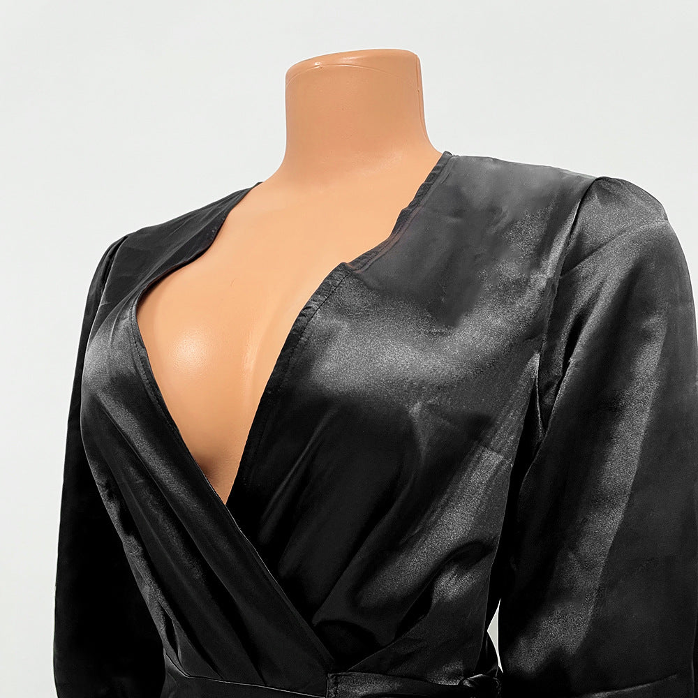 Women's Fashionable And Sexy V-Neck Solid Color Satin Lace-Up Irregular Long Dress 22