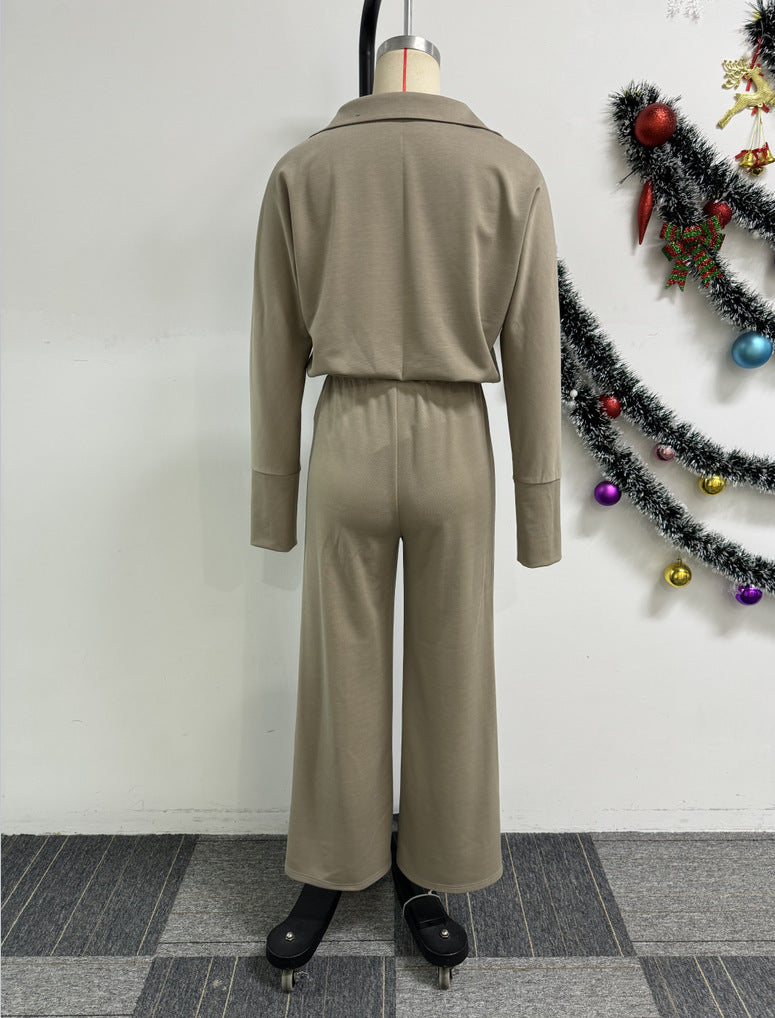 Women Elegant Career Casual V-Type Turndown Collar Long Sleeve Top and Pant Two Piece 6