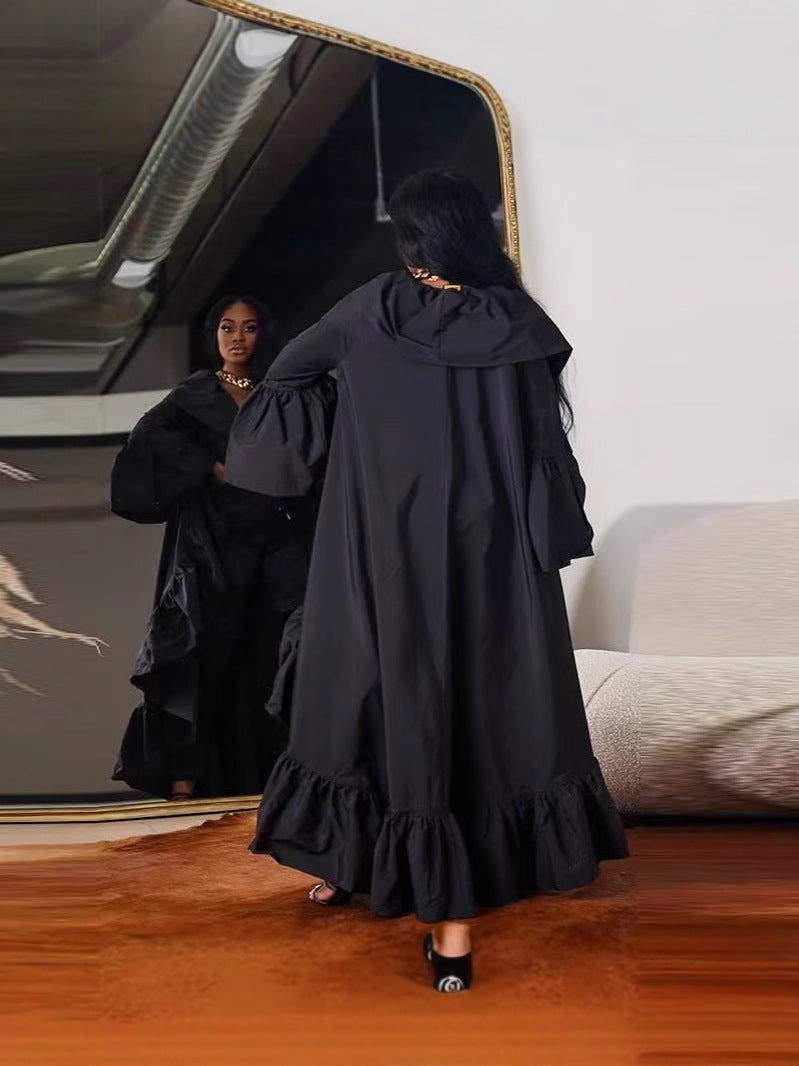 Women's Autumn Solid Color Ruffled Long Trench Coat 7