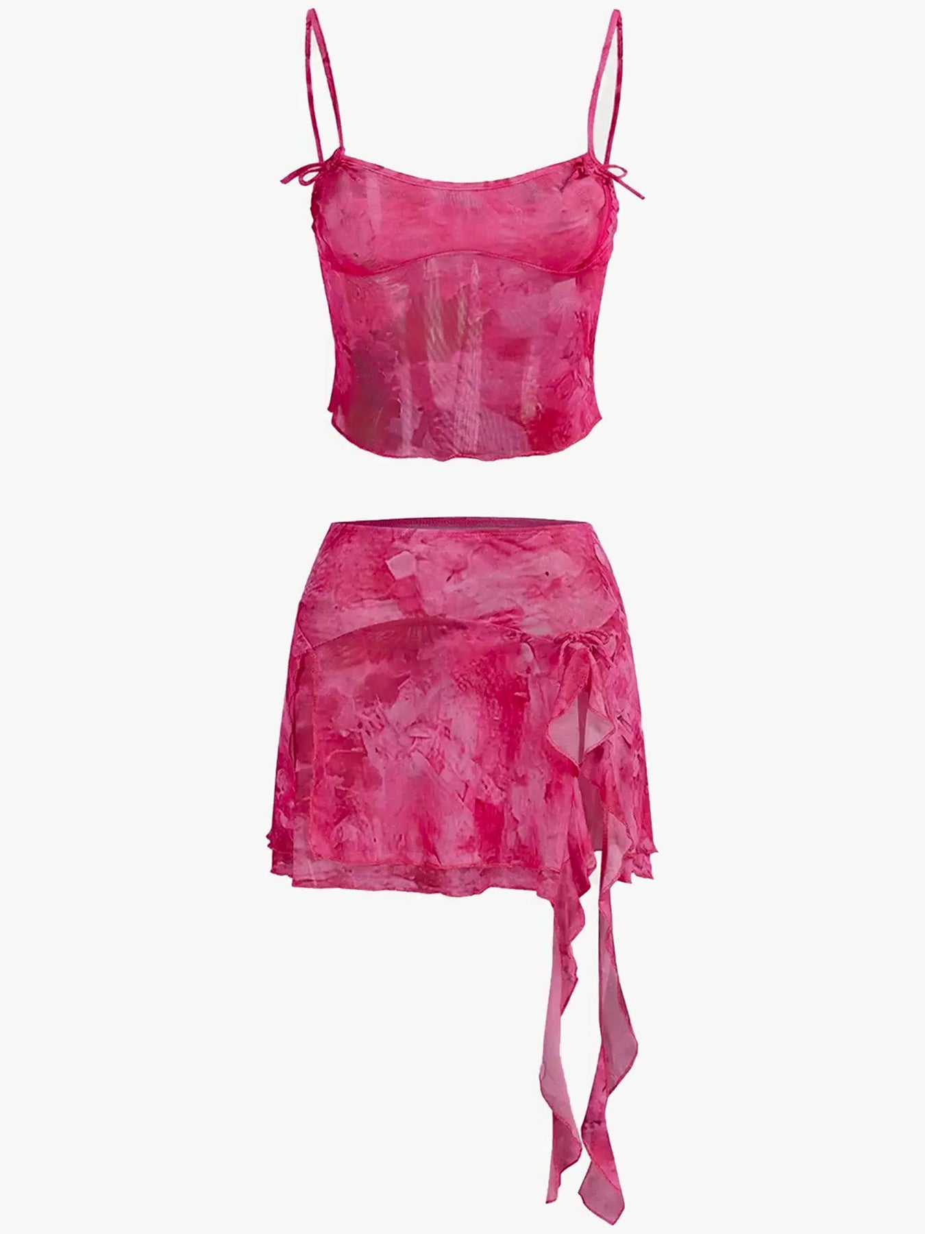 Women Two Mesh Sexy Camisole Top and Irregular Slit Skirt Two-Piece Set 14