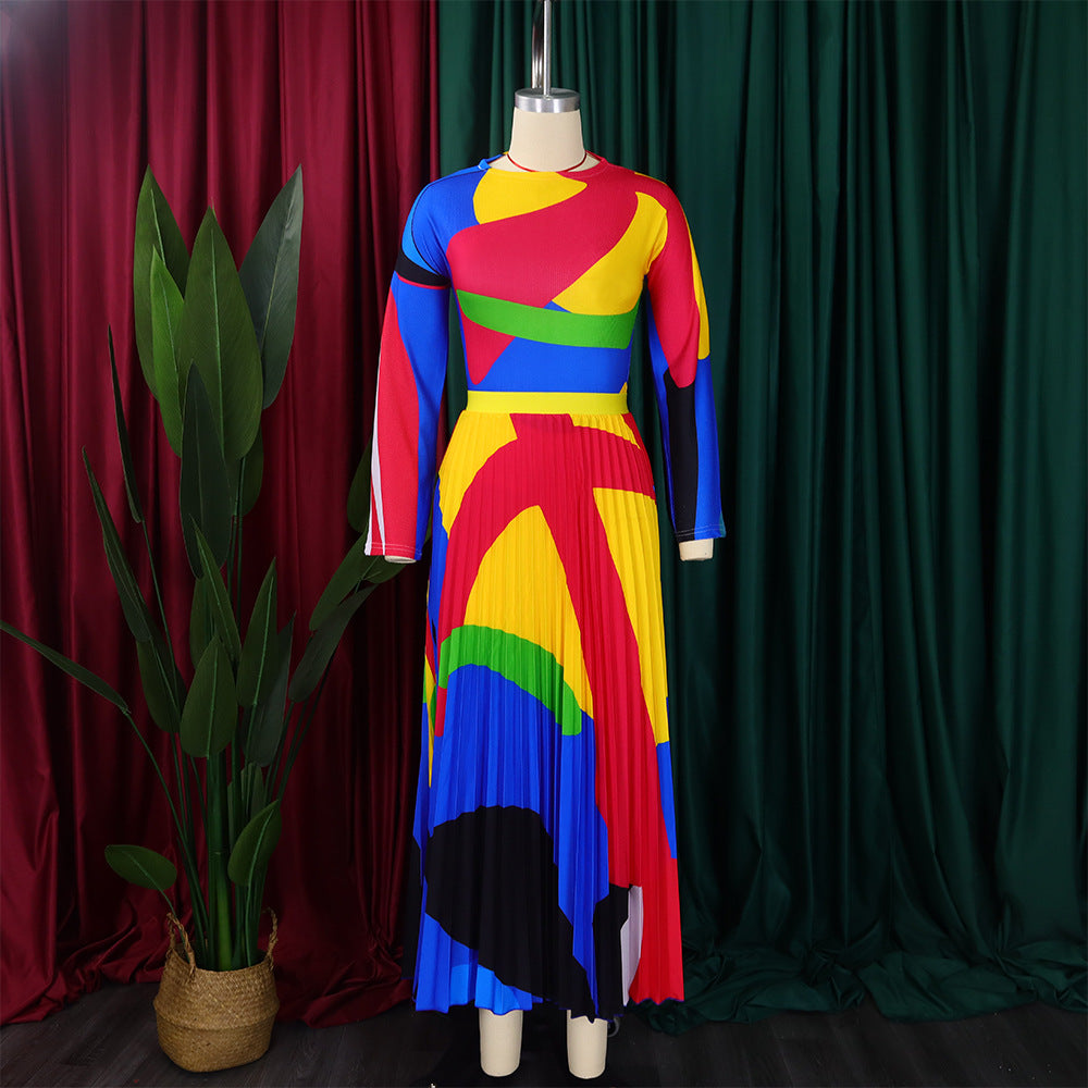 Women Autumn Pleated Print Contrast Color Long-sleeved Top and Skirt Two-Piece Set 18