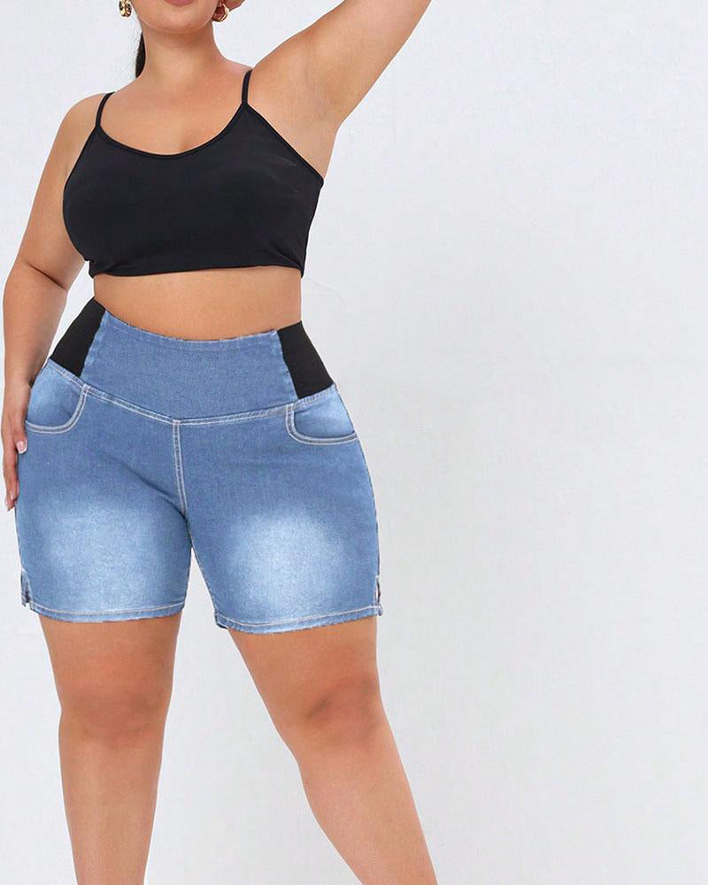 Plus Size Women Elastic Waist Denim Shorts 4